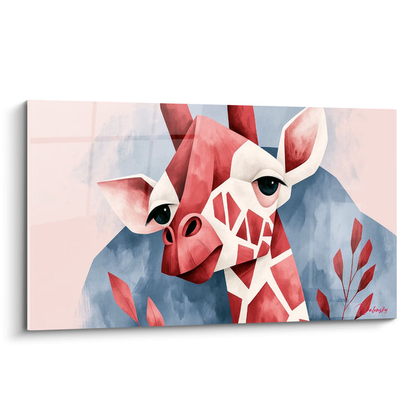 Tableau Girafe géométrique rouge et bleu poudré - Douceur rêveuse - Edition Girafe
