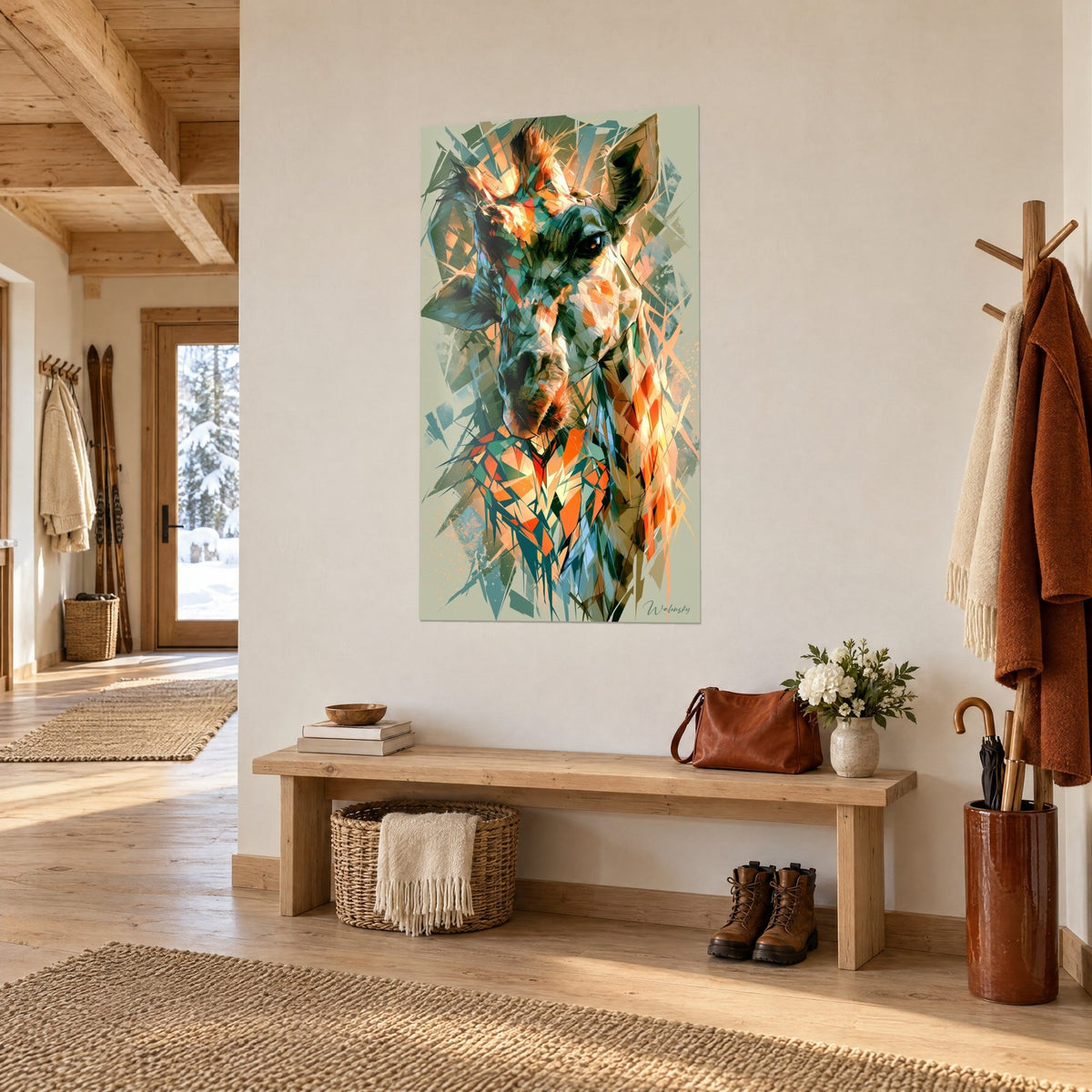 Tableau girafe cristalline en portrait, facettes orange et turquoise sur fond sauge, vue de trois-quarts dans un chalet