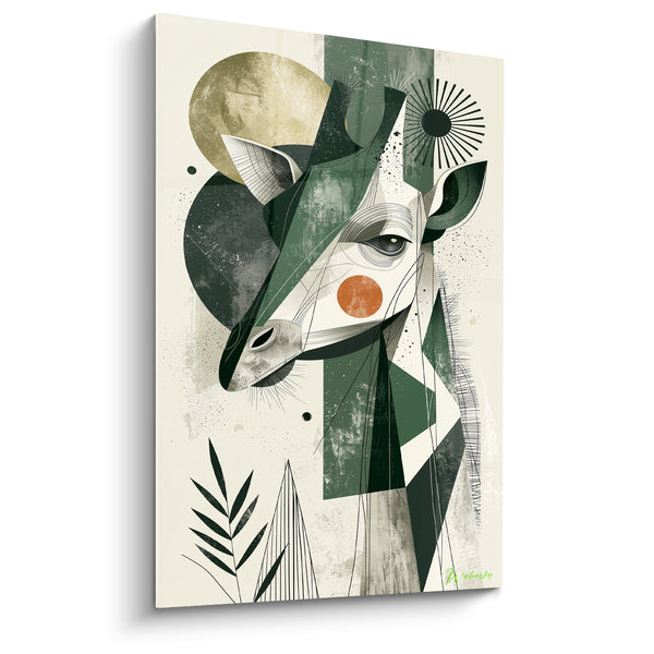 Tableau Girafe verte et ivoire à la joue orange - Soleil rayonnant noir - Edition Girafe
