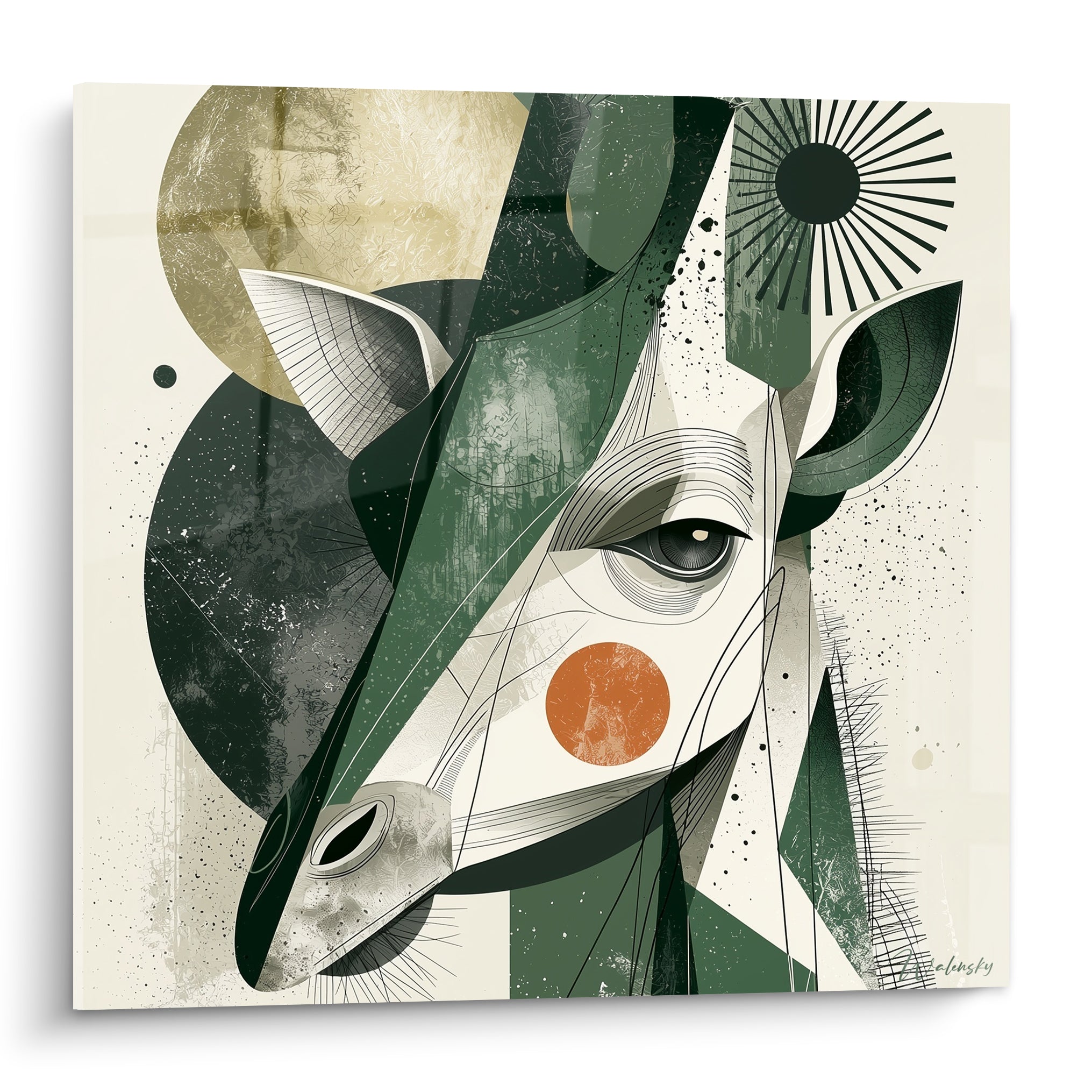 Girafe au regard fixe, plans verts et ocre géométriques, touche orangée sur la joue