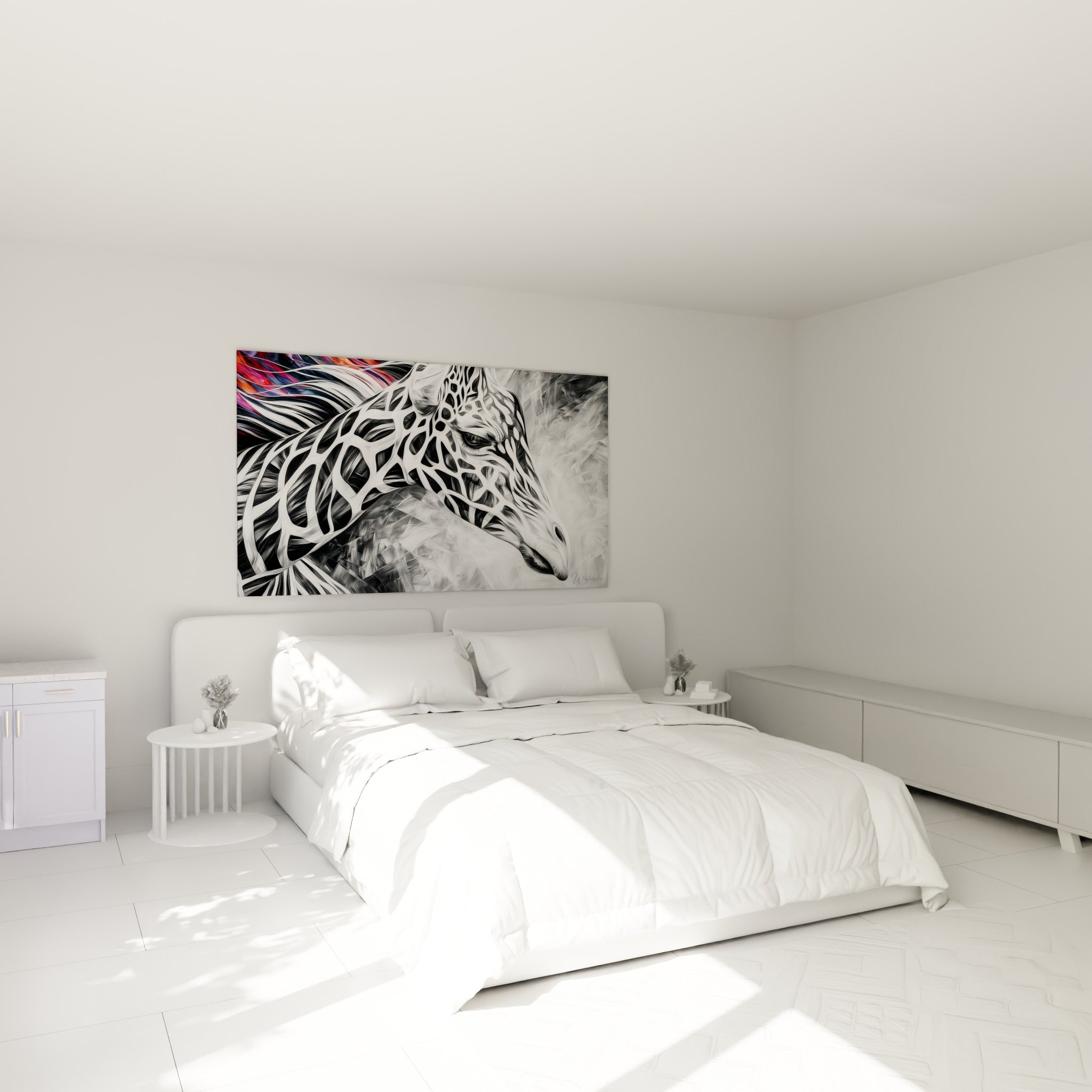 Tête de girafe graphique noir et blanc, reflets colorés, accrochée au-dessus d'un lit dans une chambre claire