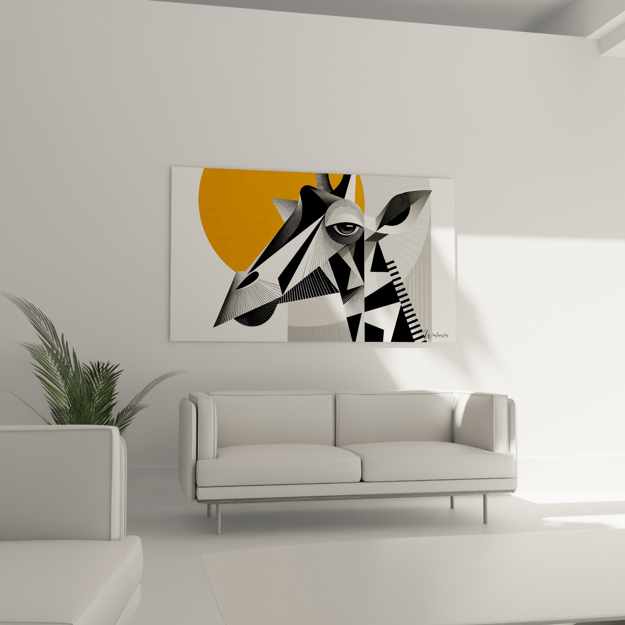 Visage stylisé de girafe aux tons orange et gris suspendu au-dessus d'un canapé dans un salon lumineux