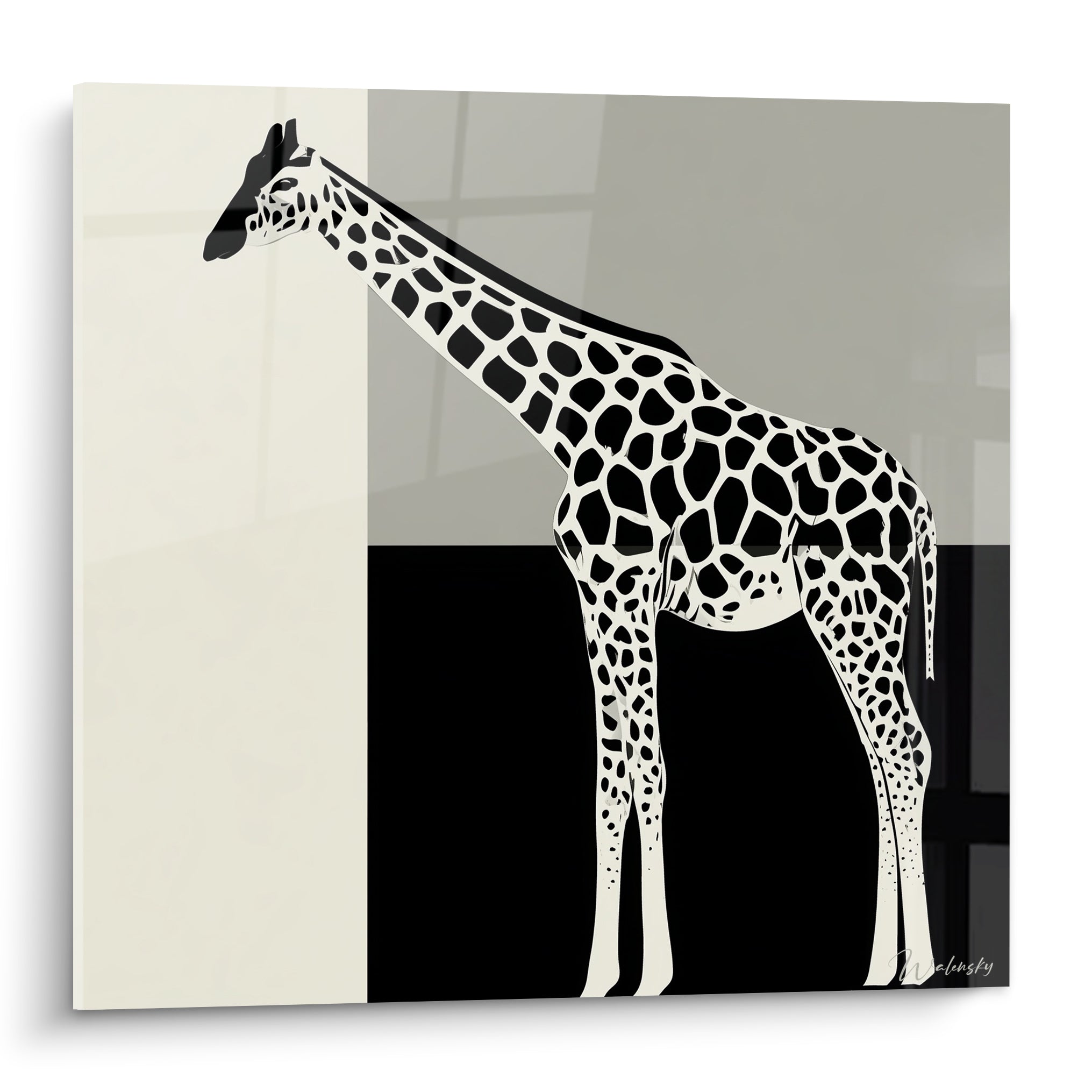 Girafe graphique aux taches noires sur fond ivoire, gris et noir intense, style illustré épuré
