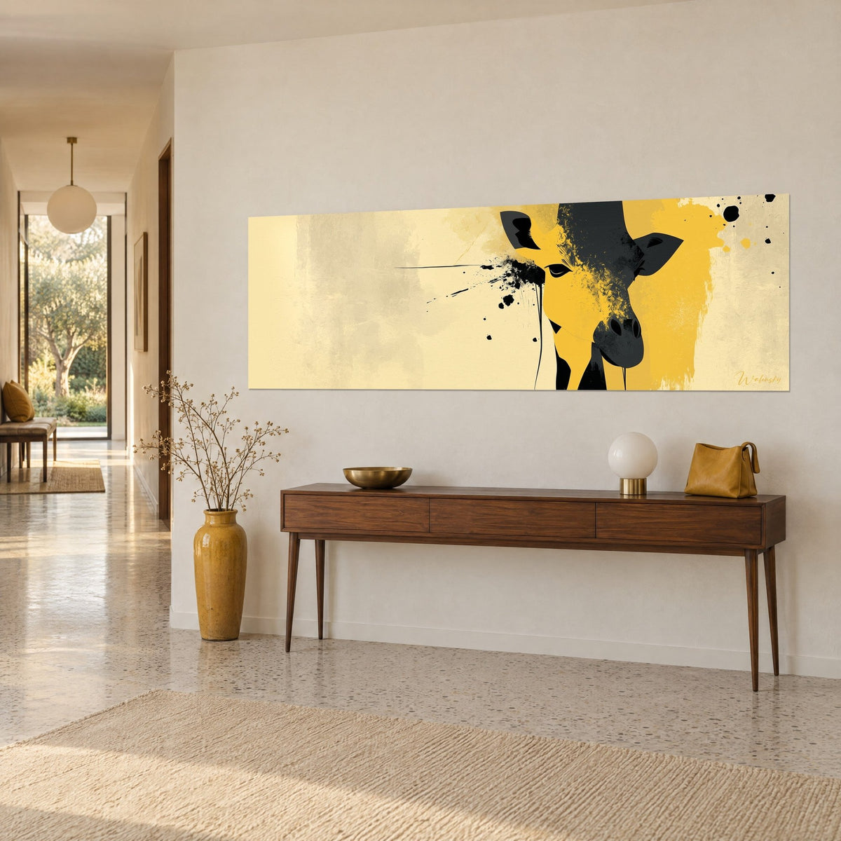 Wall art of a giraffe muzzle in saffron and anthracite grey washes, ink streaks on a cream background, bright hallway wall