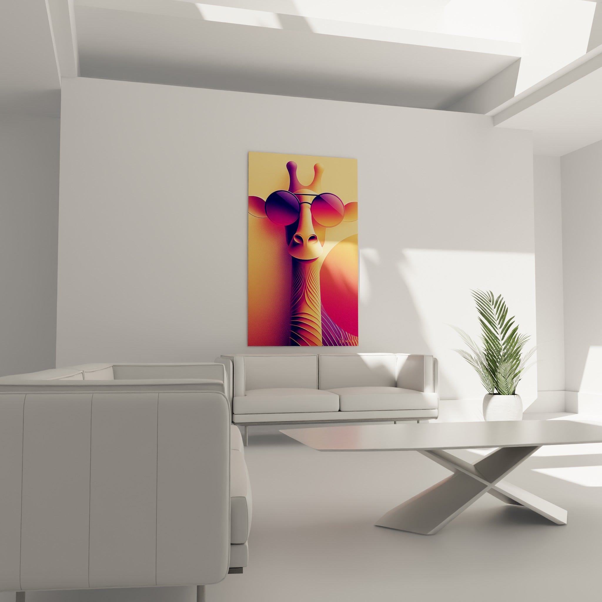 Portrait de girafe fauve à lunettes roses affiché au-dessus d'un canapé dans un salon lumineux