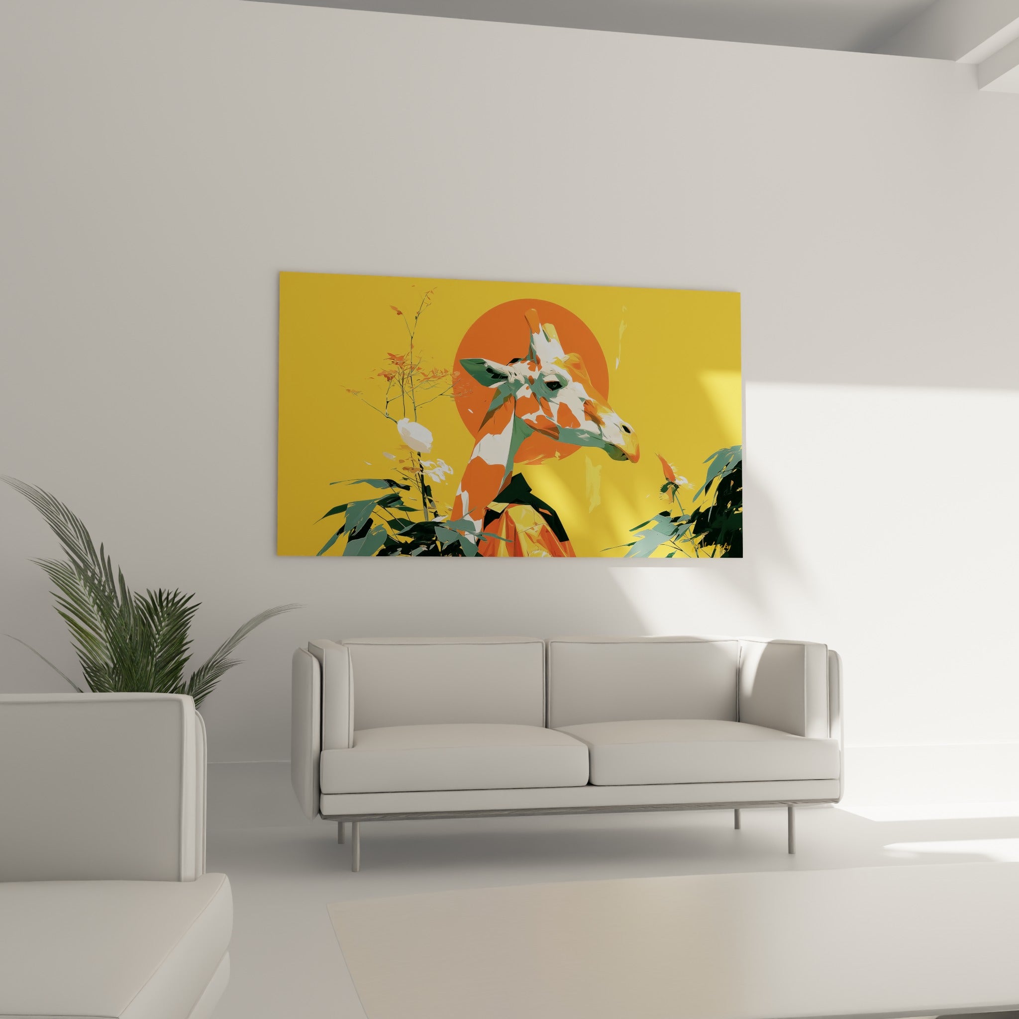Silhouette de girafe graphique aux tons orange et vert sombre, suspendue au-dessus d'un canapé dans un salon lumineux