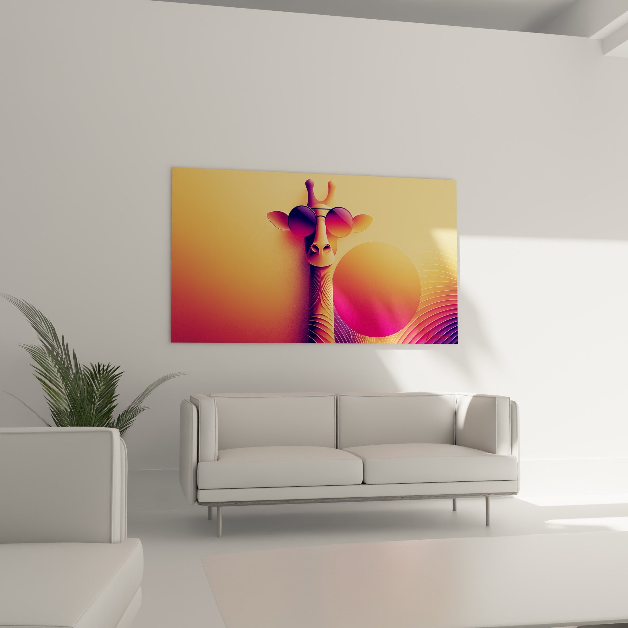 Illustration d'une girafe aux lunettes miroir orange et rose au-dessus d'un canapé dans un salon lumineux