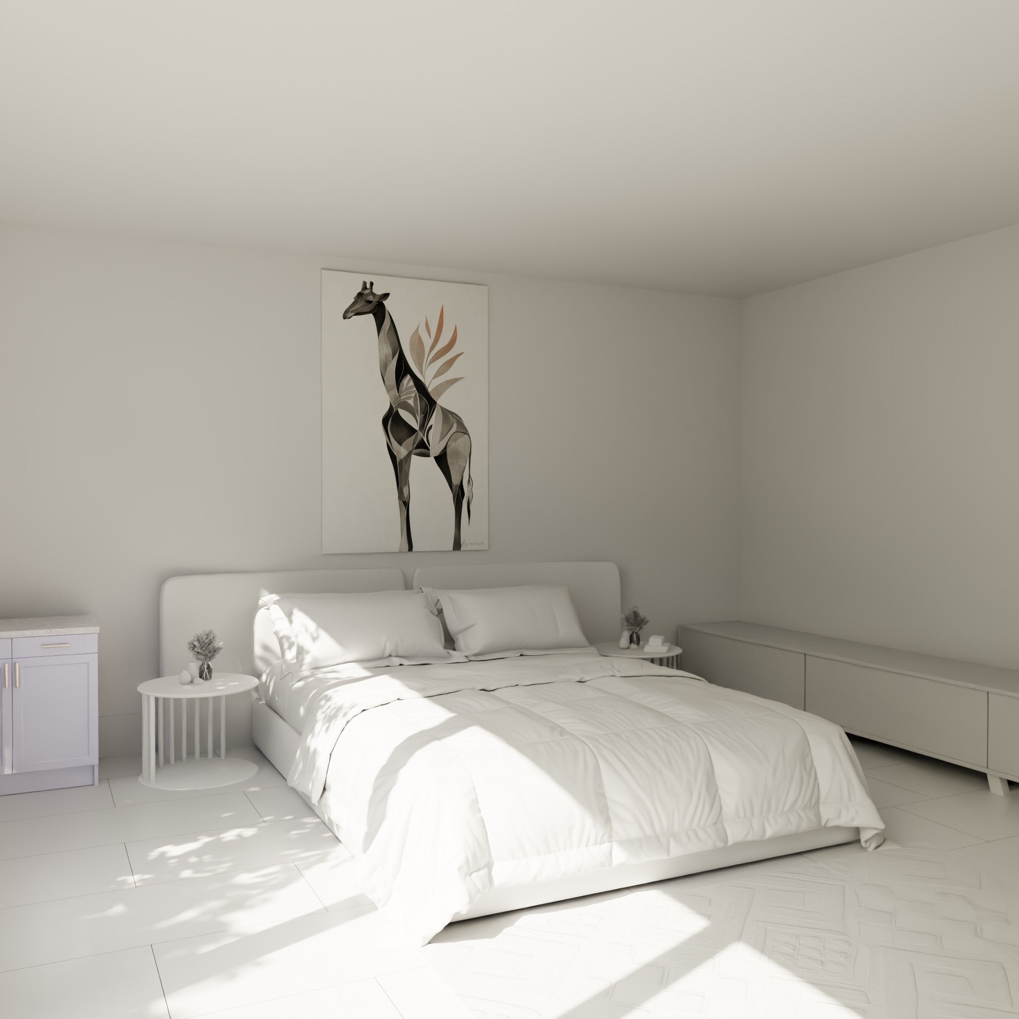 Silhouette de girafe grise aux nuances anthracite, feuillage terracotta, au-dessus d'un lit dans une chambre claire