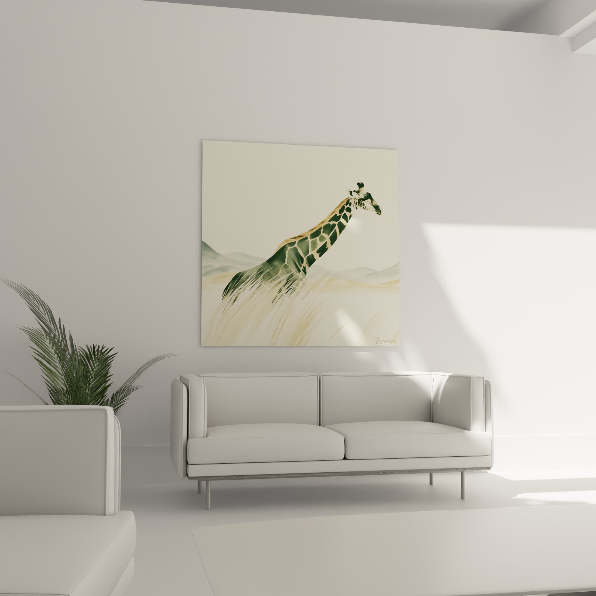 Cou tacheté de girafe vert sauge disposé au-dessus d'un canapé dans un salon lumineux