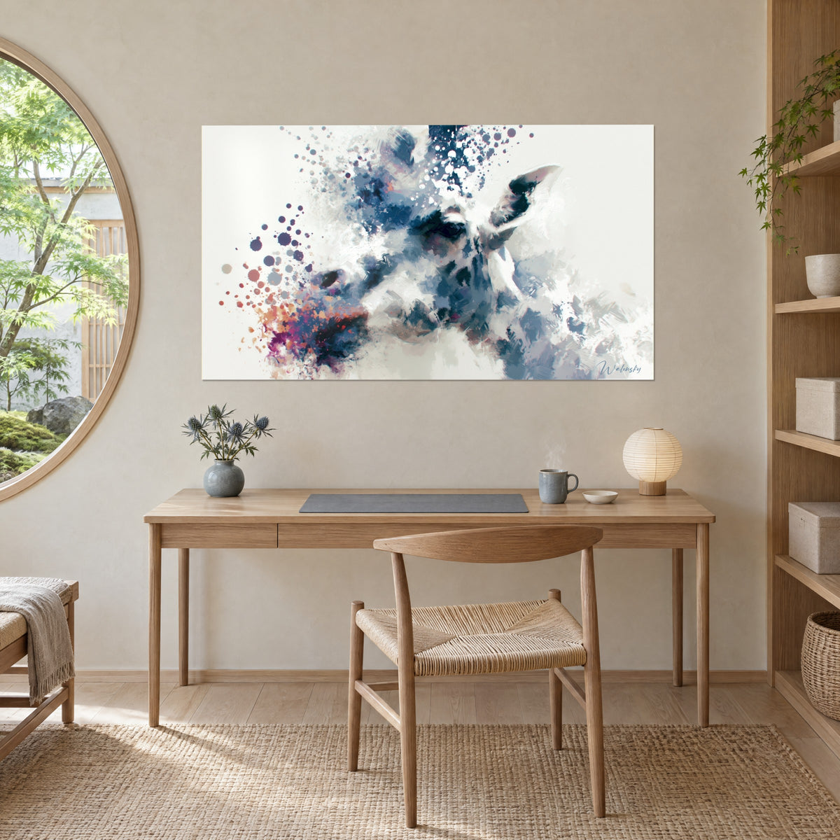 Quadro giraffa pointilliste con scintille indaco e arancio, occhio scuro e muso viola, sopra una scrivania in legno, finestra rotonda
