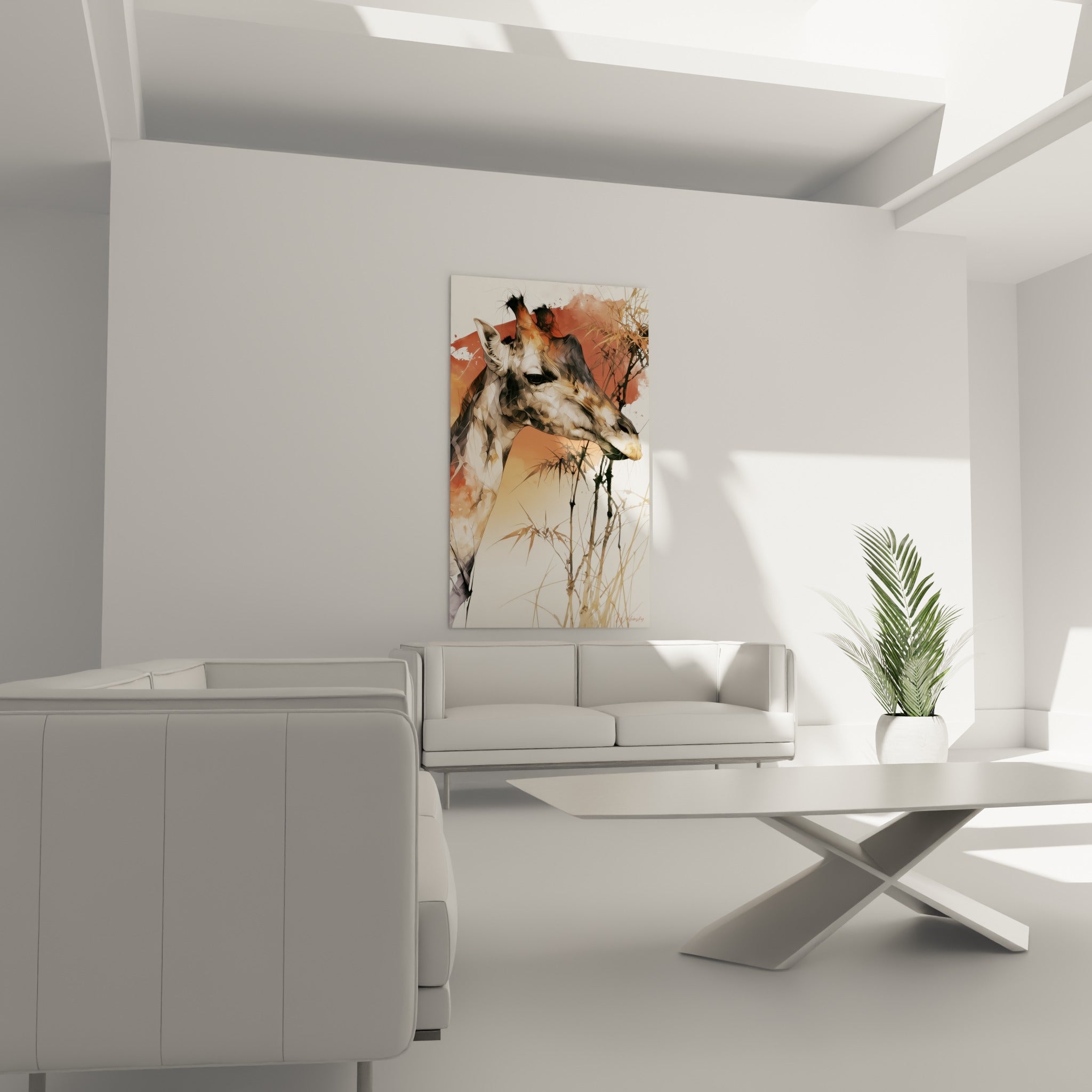 Portrait animalier de girafe terracotta et beige au-dessus d'un canapé dans un salon lumineux