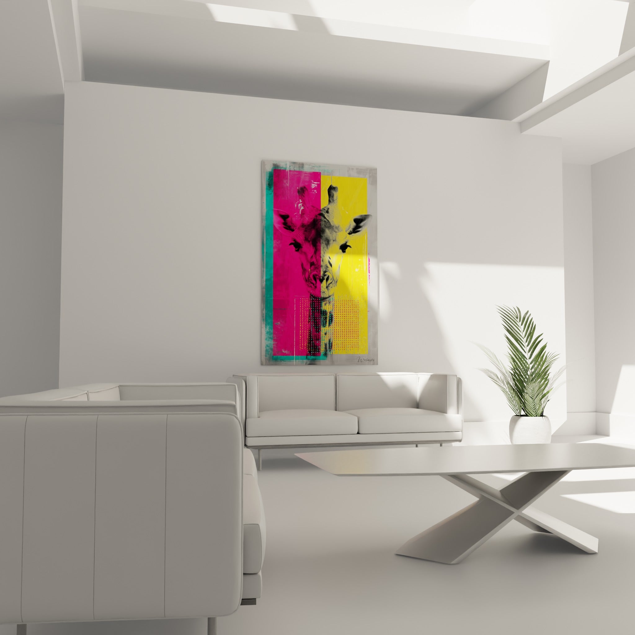Girafe pop art turquoise et jaune positionnée au-dessus d'un canapé dans un salon lumineux