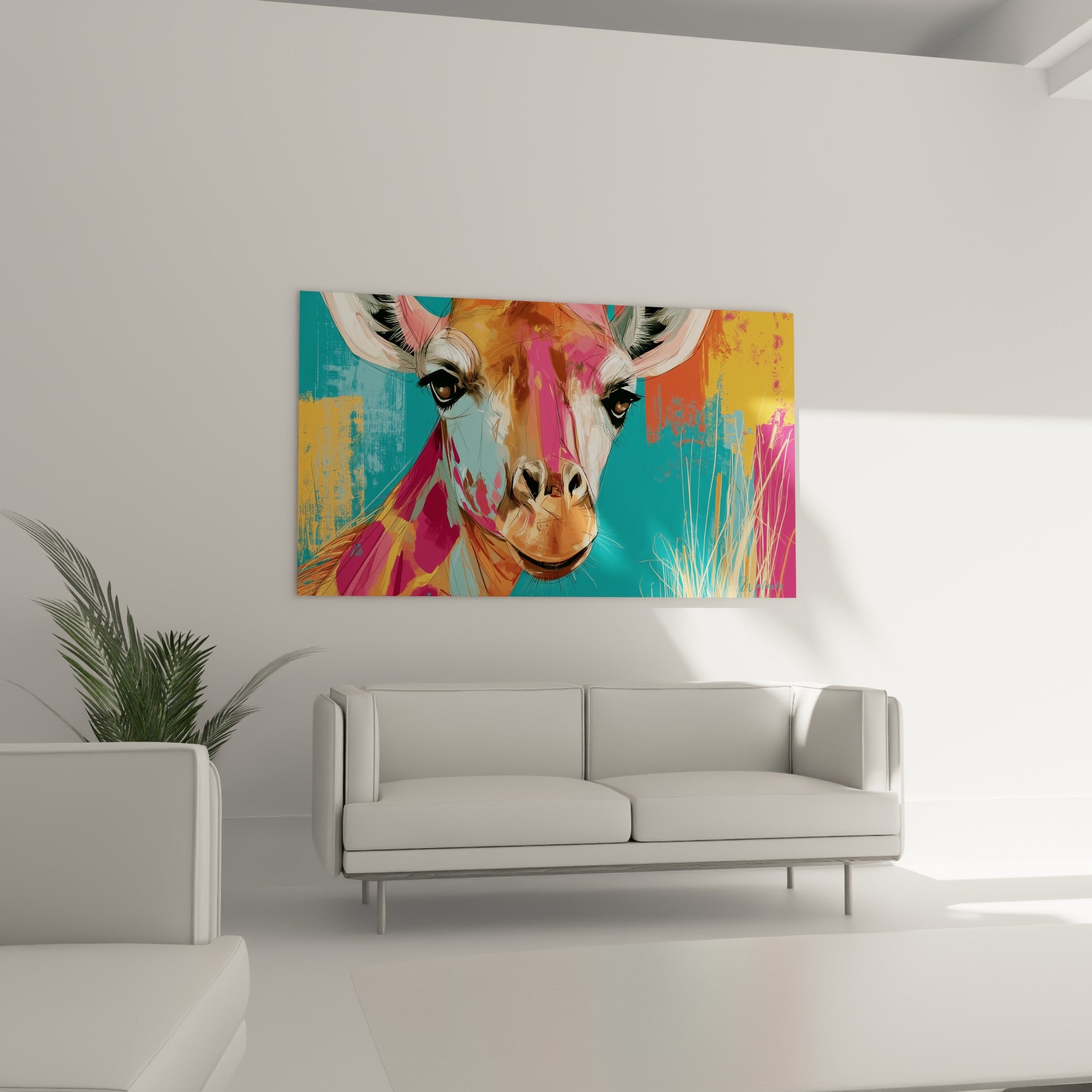 Portrait de girafe rose et jaune moutarde suspendu au-dessus d'un canapé dans un salon lumineux