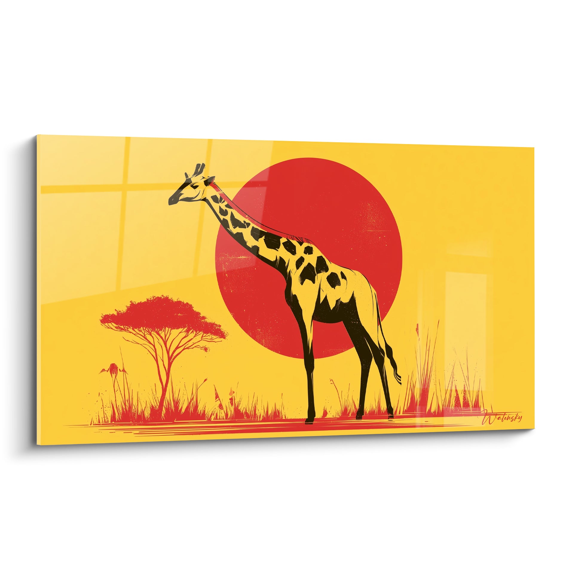 Girafe noire se détachant sur fond jaune ocre et soleil rouge, silhouette graphique stylisée