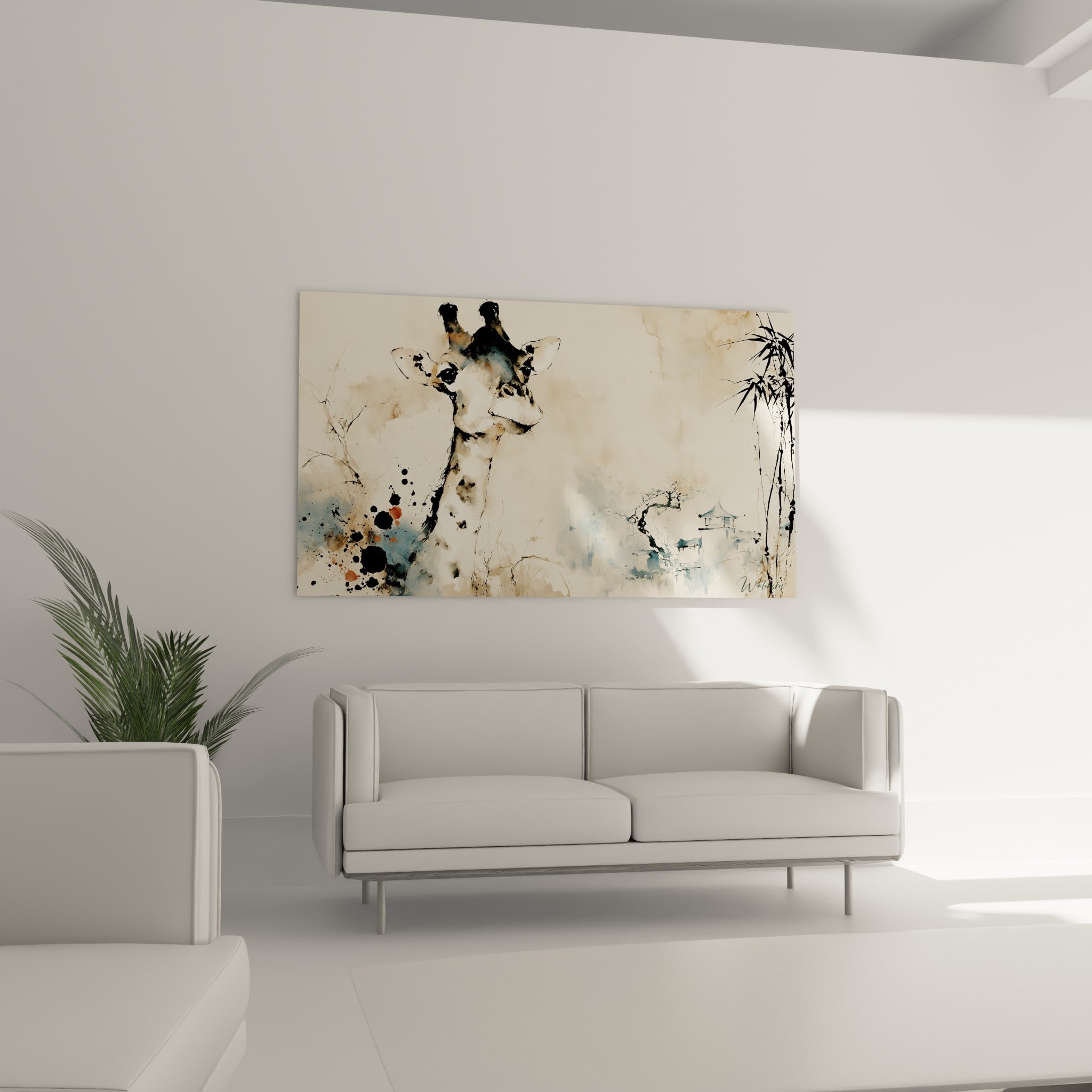 Tête de girafe tracée en noir sur fond beige et bleu délavé, au-dessus d'un canapé dans un salon lumineux