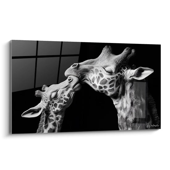 Tableau girafe Walensky représentant deux girafes s'embrassant en noir et blanc