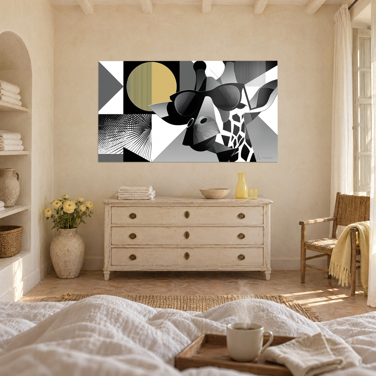 Tableau girafe branchée en verres fumés, soleil jaune pâle et facettes grises, au-dessus d'un lit dans une chambre claire