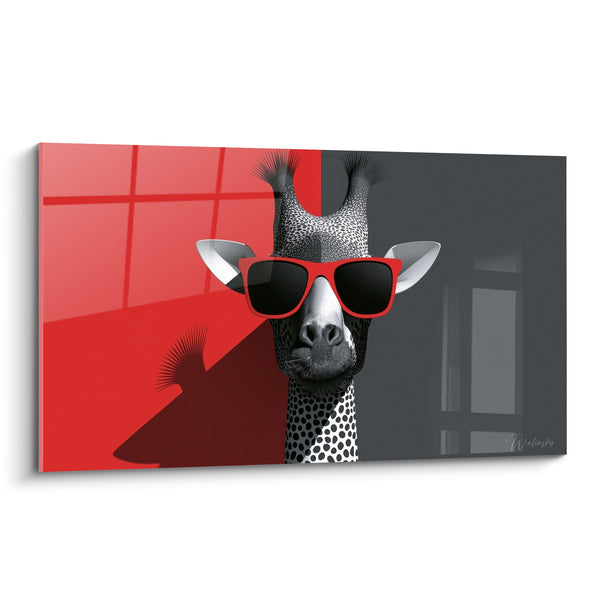 Tableau Girafe rouge et grise portant lunettes carrées - Fond mur bicolore - Edition Girafe