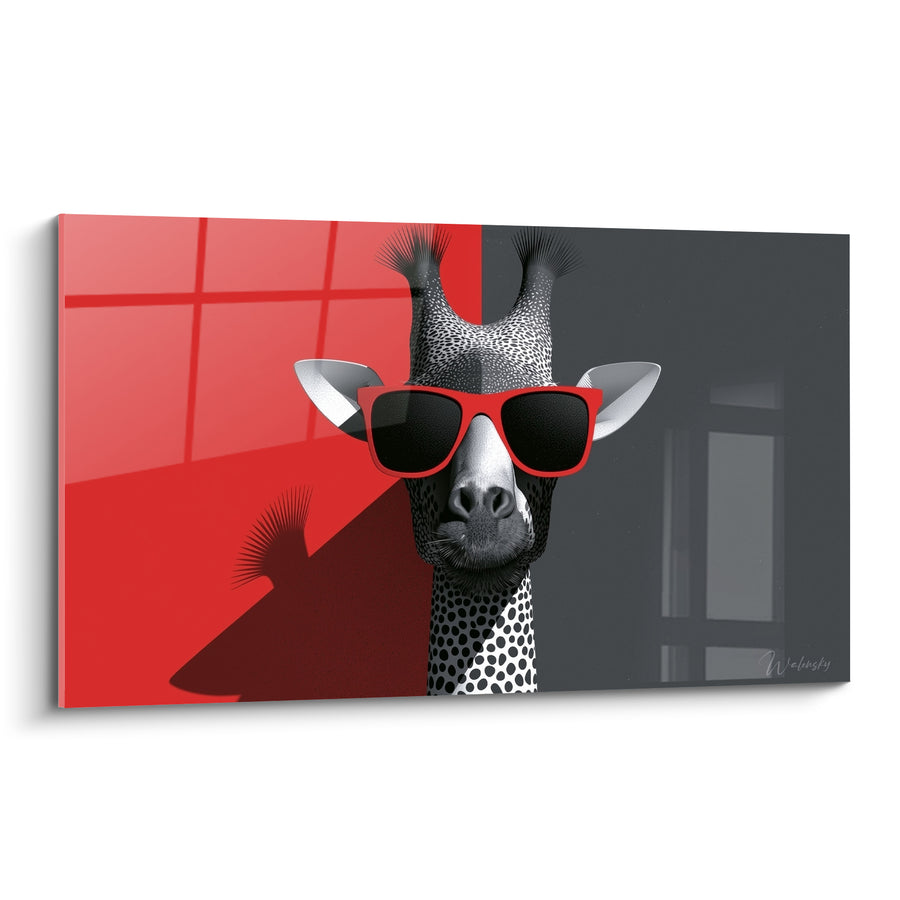 Tableau Girafe rouge et grise portant lunettes carrées - Fond mur bicolore - Edition Girafe