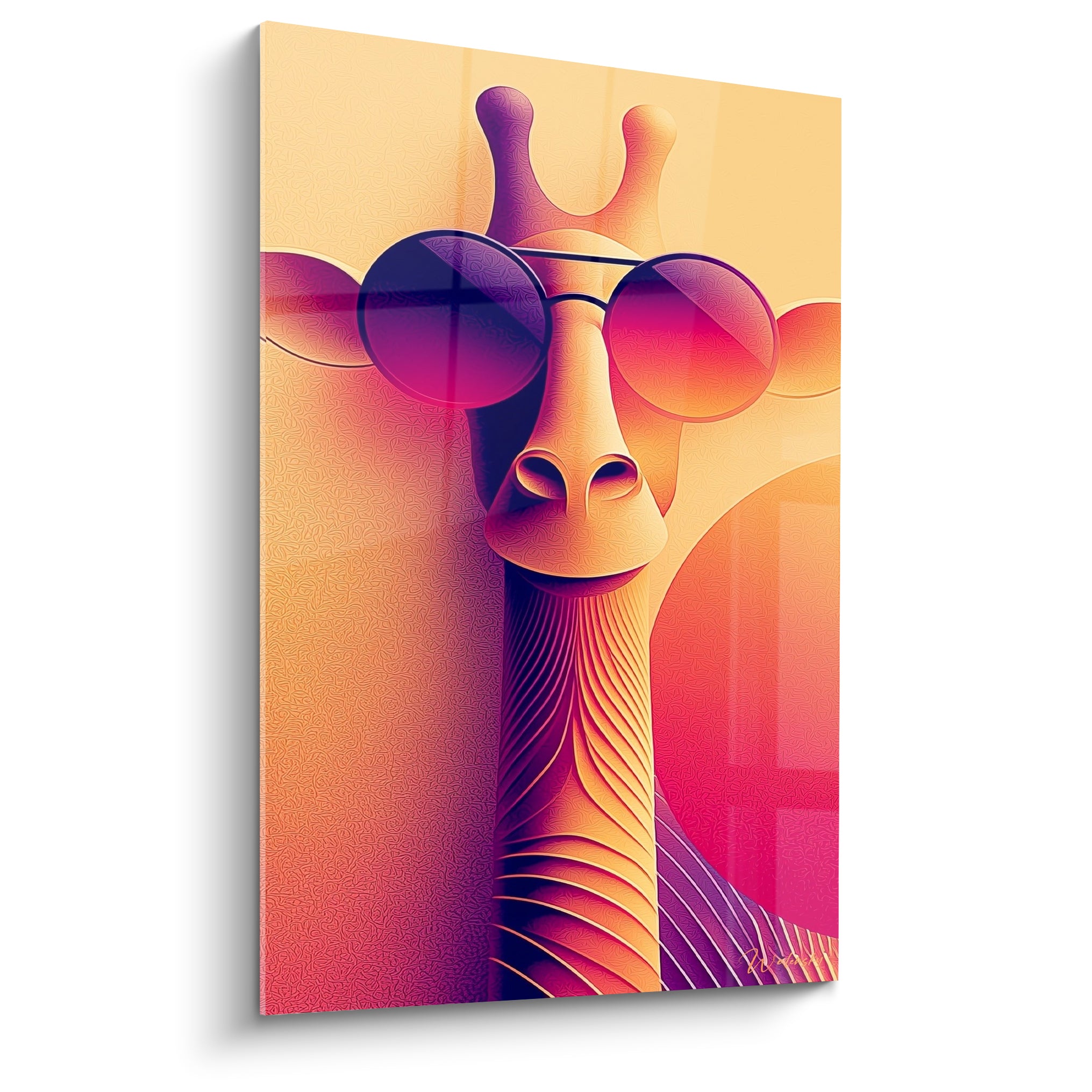 Girafe stylisée aux lunettes rondes violettes sur fond dégradé orange et rose