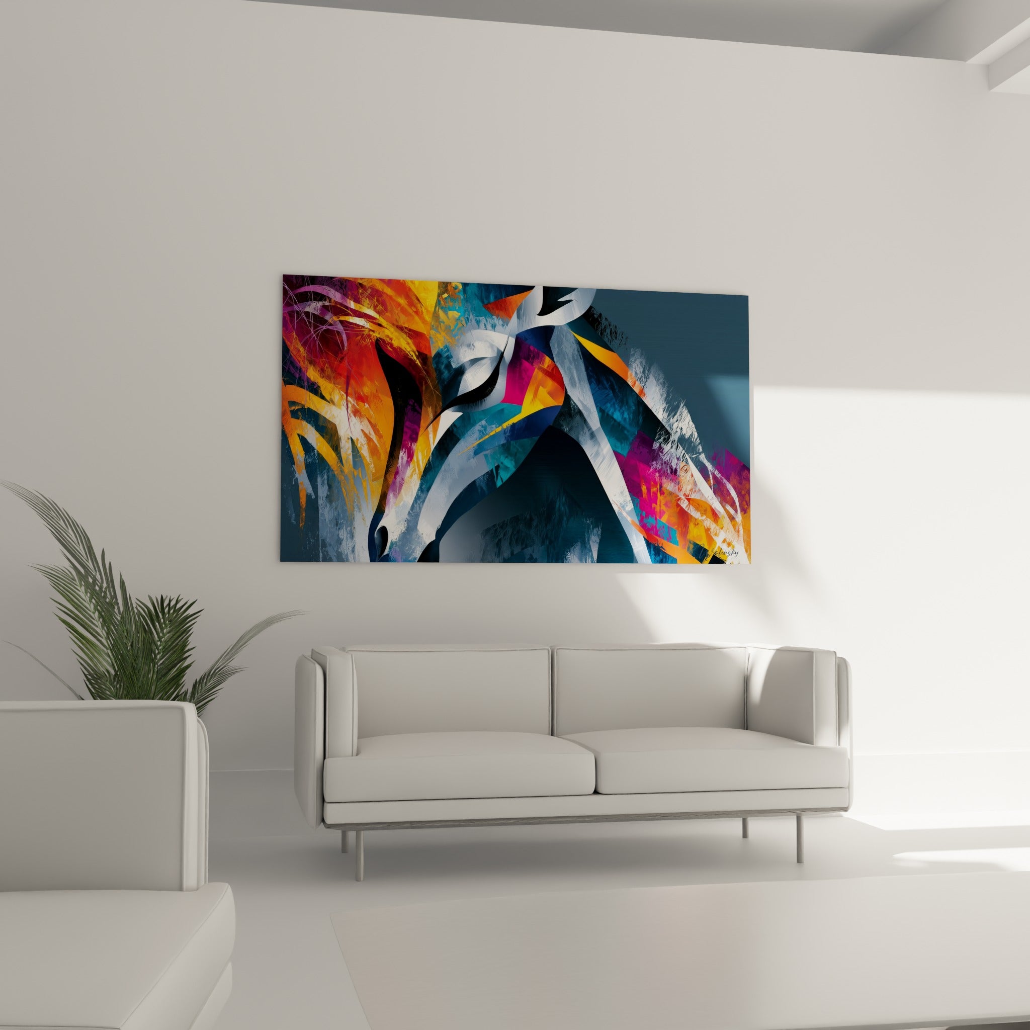 Formes fragmentées orange et magenta composant une girafe abstraite, au-dessus d'un canapé dans un salon lumineux