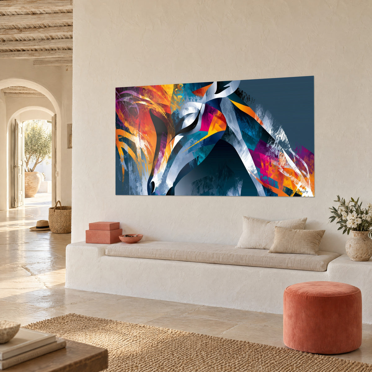 Quadro testa di giraffa in sfaccettature bianche e blu petrolio, riflessi arancio, vista di tre quarti sopra una panca in pietra