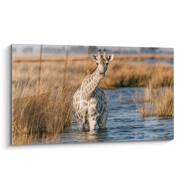Tableau Girafe dans un marais bleu doré - Halte au marécage - Edition Girafe