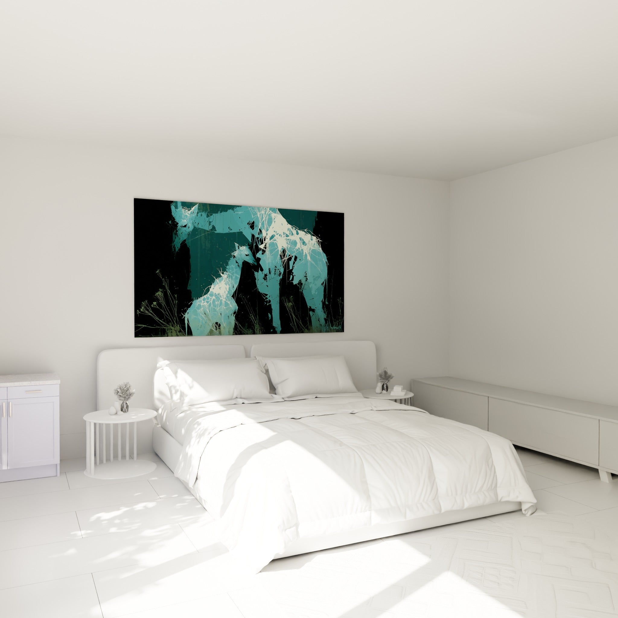 Silhouettes de girafes bleu pétrole et noir fissuré, accrochées au-dessus d'un lit dans une chambre claire