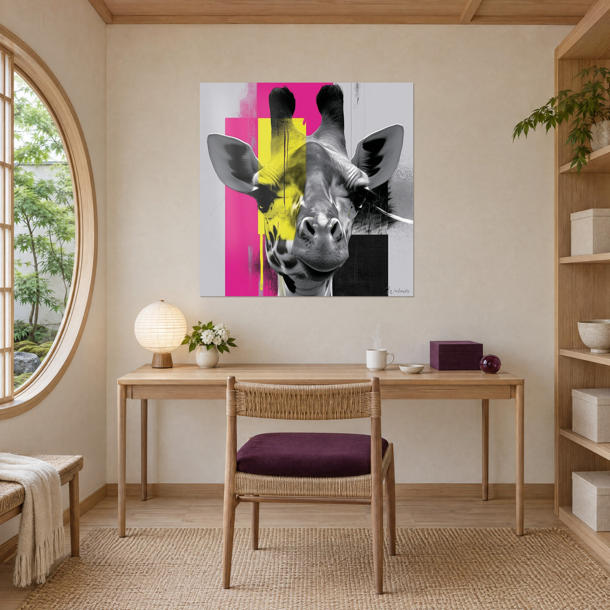 Gemälde Giraffe mit schwarz-weißer Schnauze, halb geschlossenes Auge, leuchtend gelbes und fuchsiafarbenes Band, an der Wand eines Büros aus hellem Holz