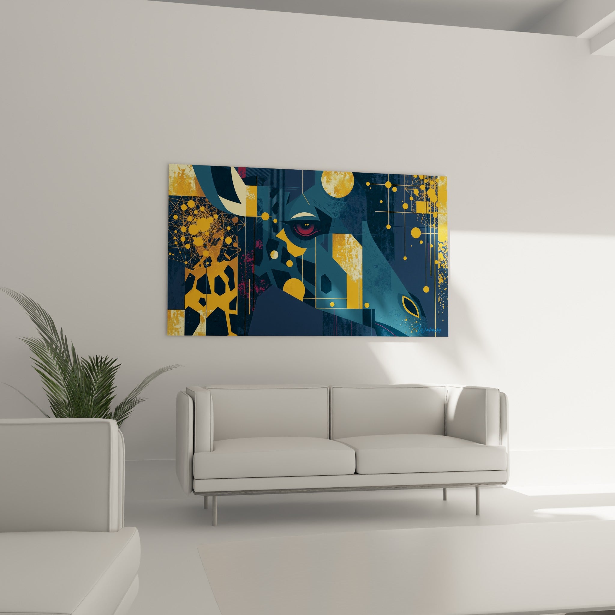 Silhouette animale fragmentée en bleu nuit et jaune ocre, accrochée au-dessus d'un canapé dans un salon lumineux