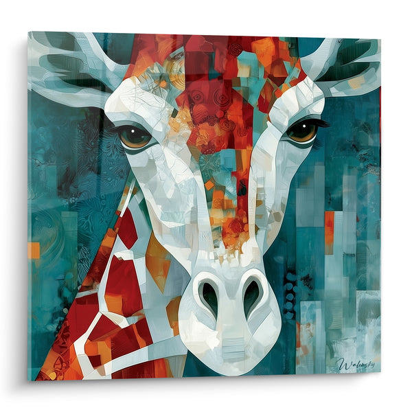Tableau Girafe blanche aux motifs bleu sarcelle et rouge - Regard fragmenté - Edition Girafe