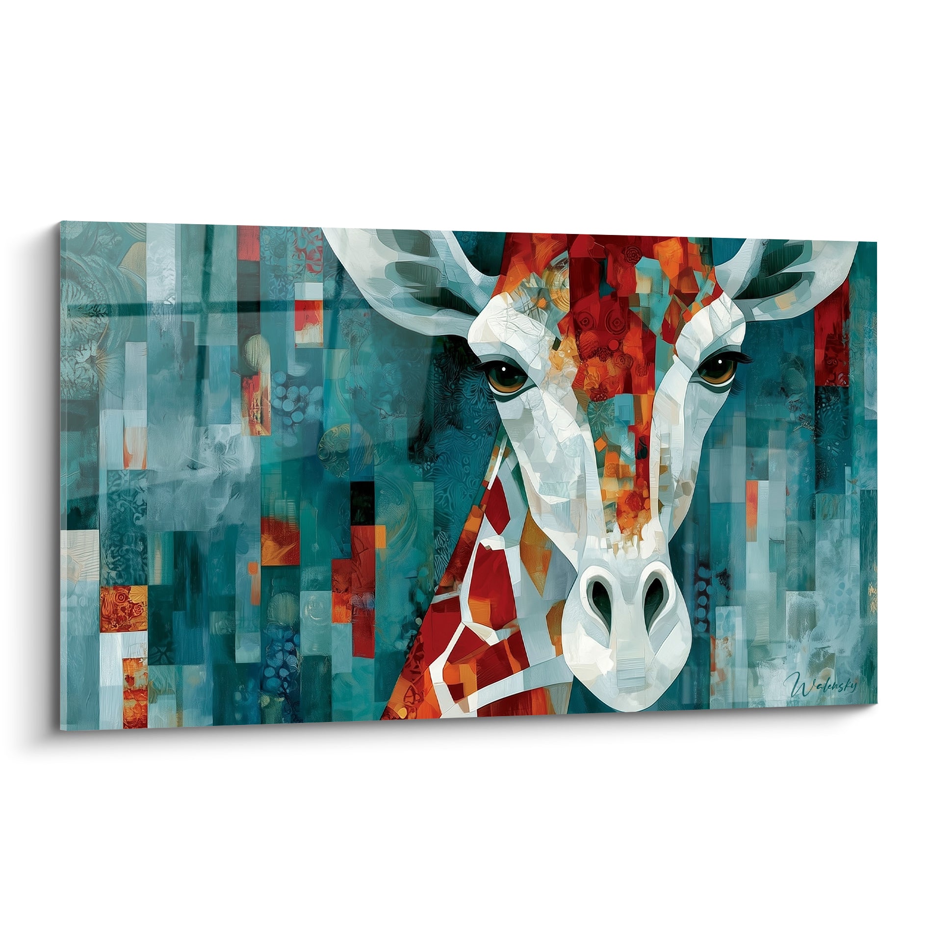 Girafe au regard doux, mosaïque bleu sarcelle et roux, cornes blanches et museau lumineux