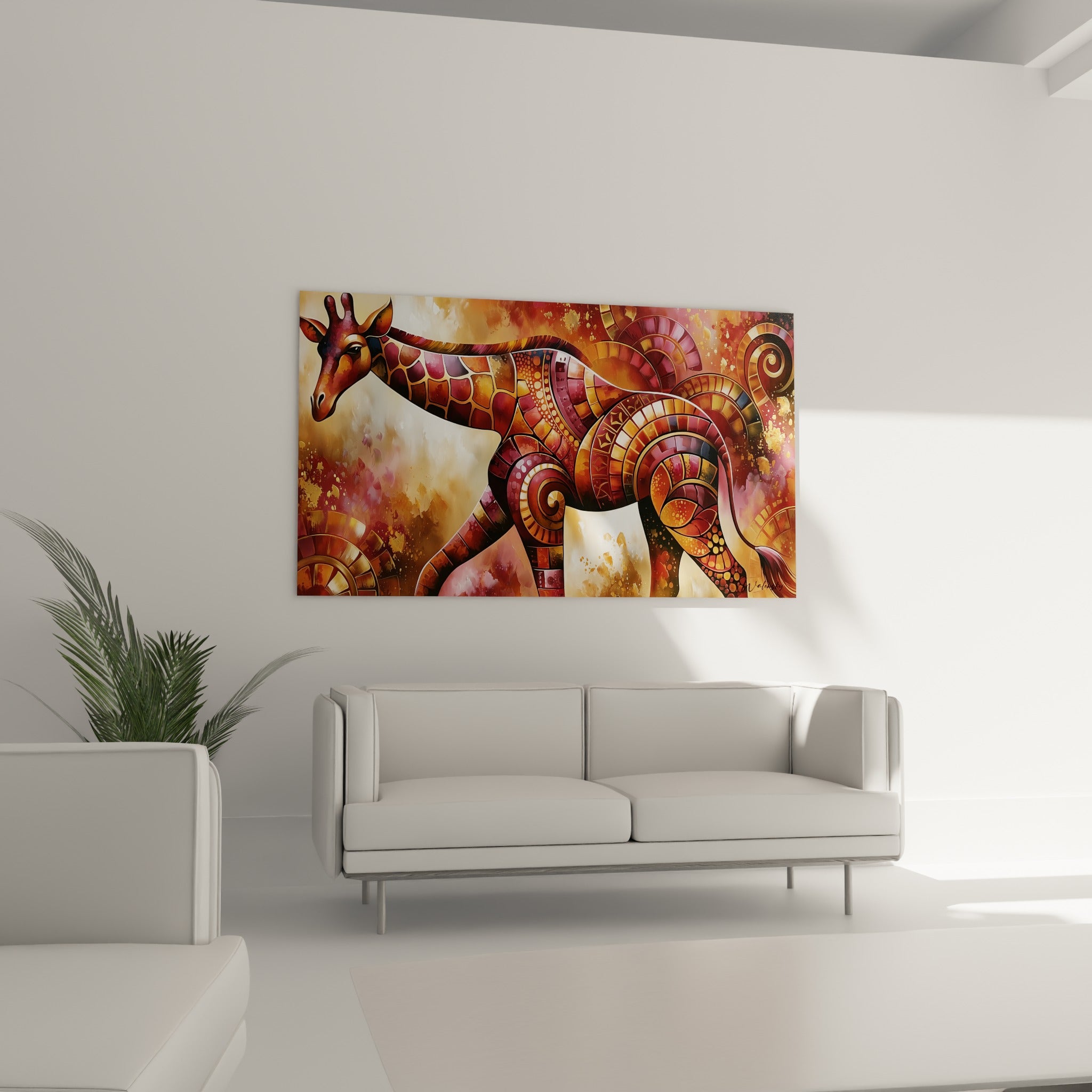 Spirales cuivrées et roses habillent cette girafe raffinée au-dessus d'un canapé dans un salon lumineux