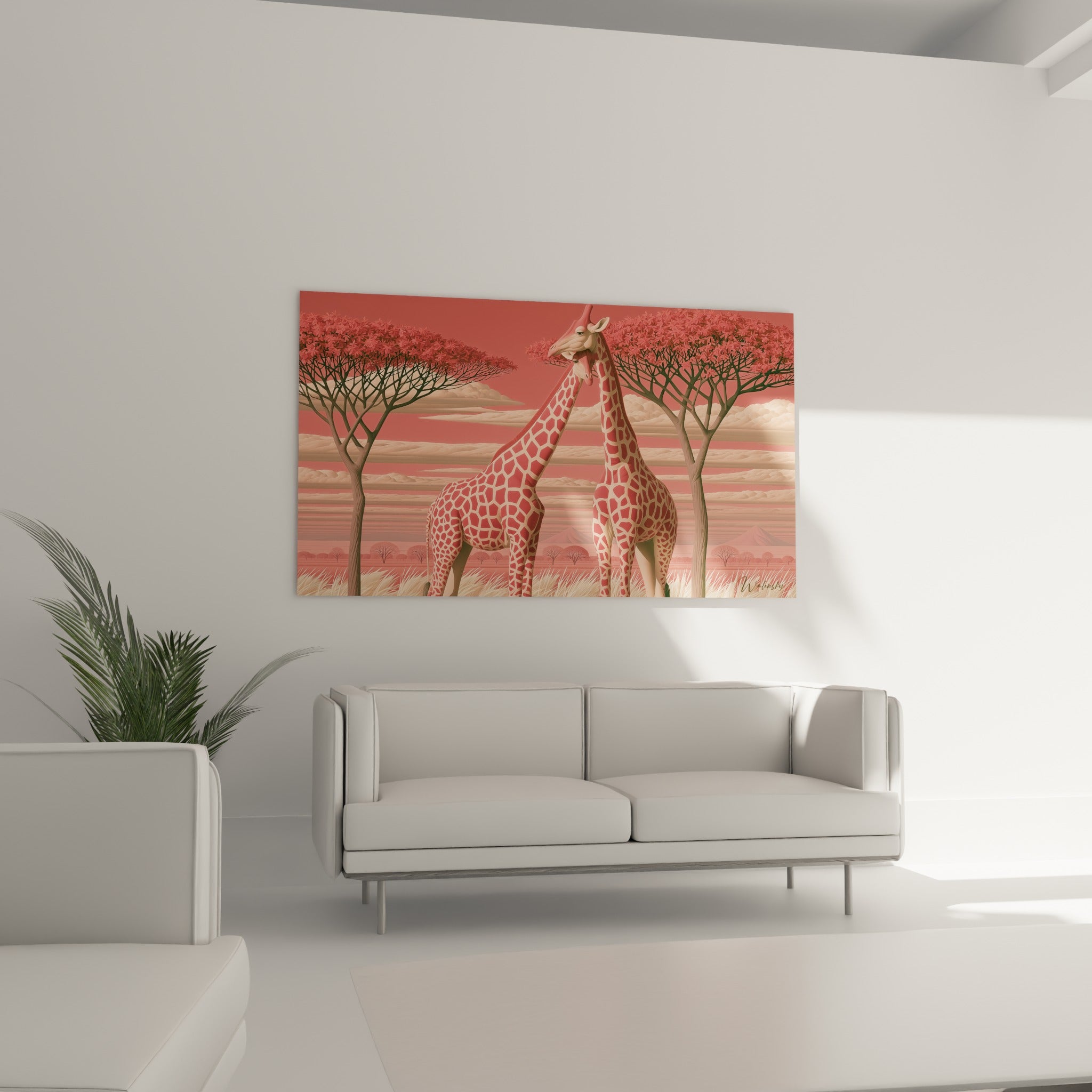 Silhouettes de girafes roses et beige sous acacias, disposées au-dessus d'un canapé dans un salon lumineux