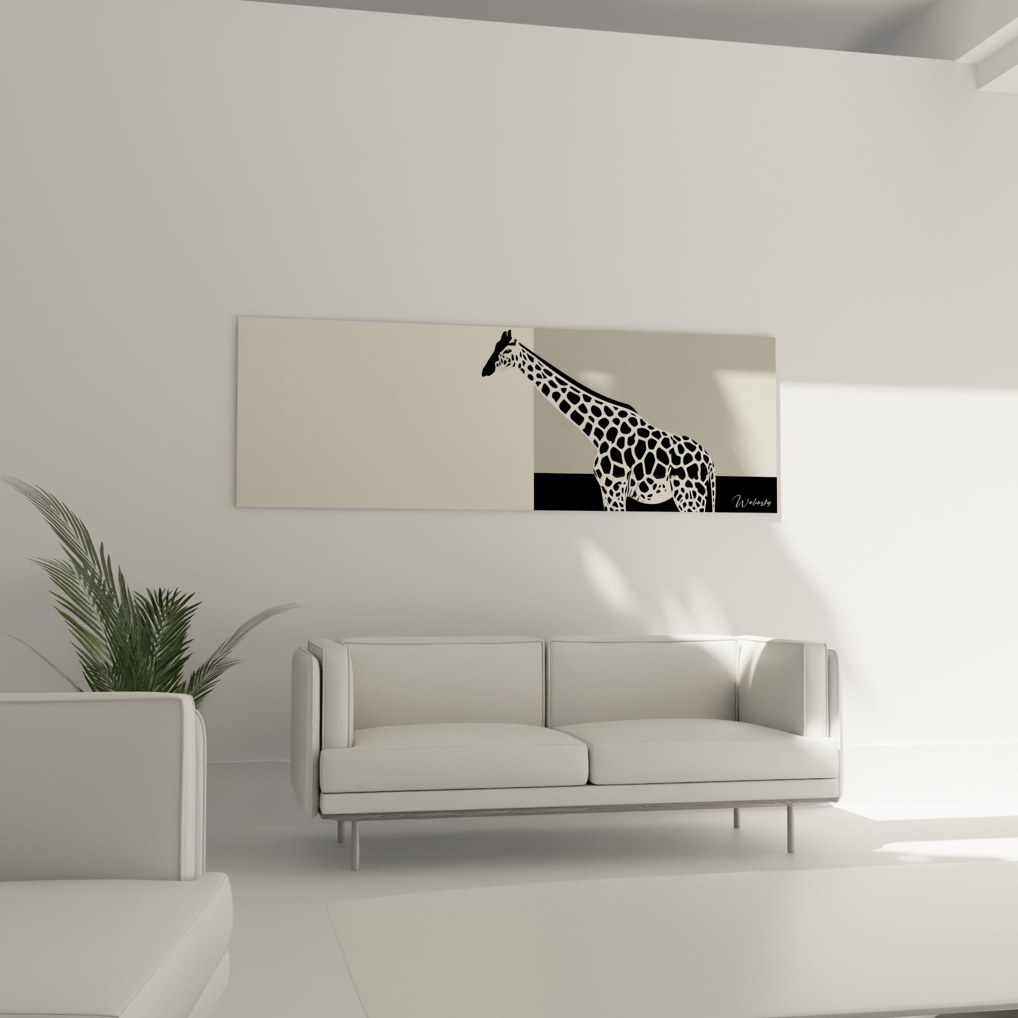 Motif tacheté noir et ivoire d'une girafe stylisée en mouvement, au-dessus d'un canapé dans un salon lumineux