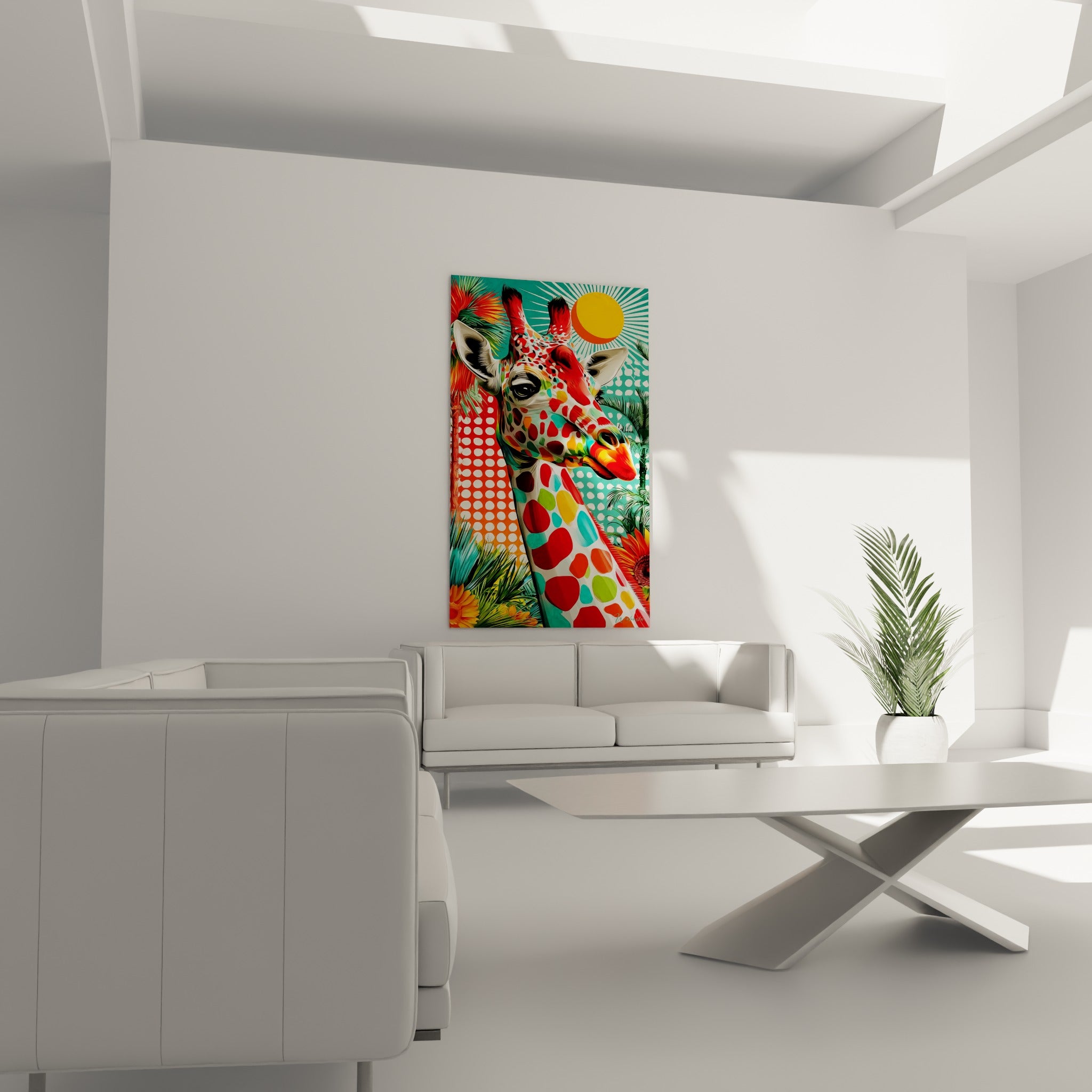 Portrait de girafe turquoise et orange accroché au-dessus d'un canapé dans un salon lumineux