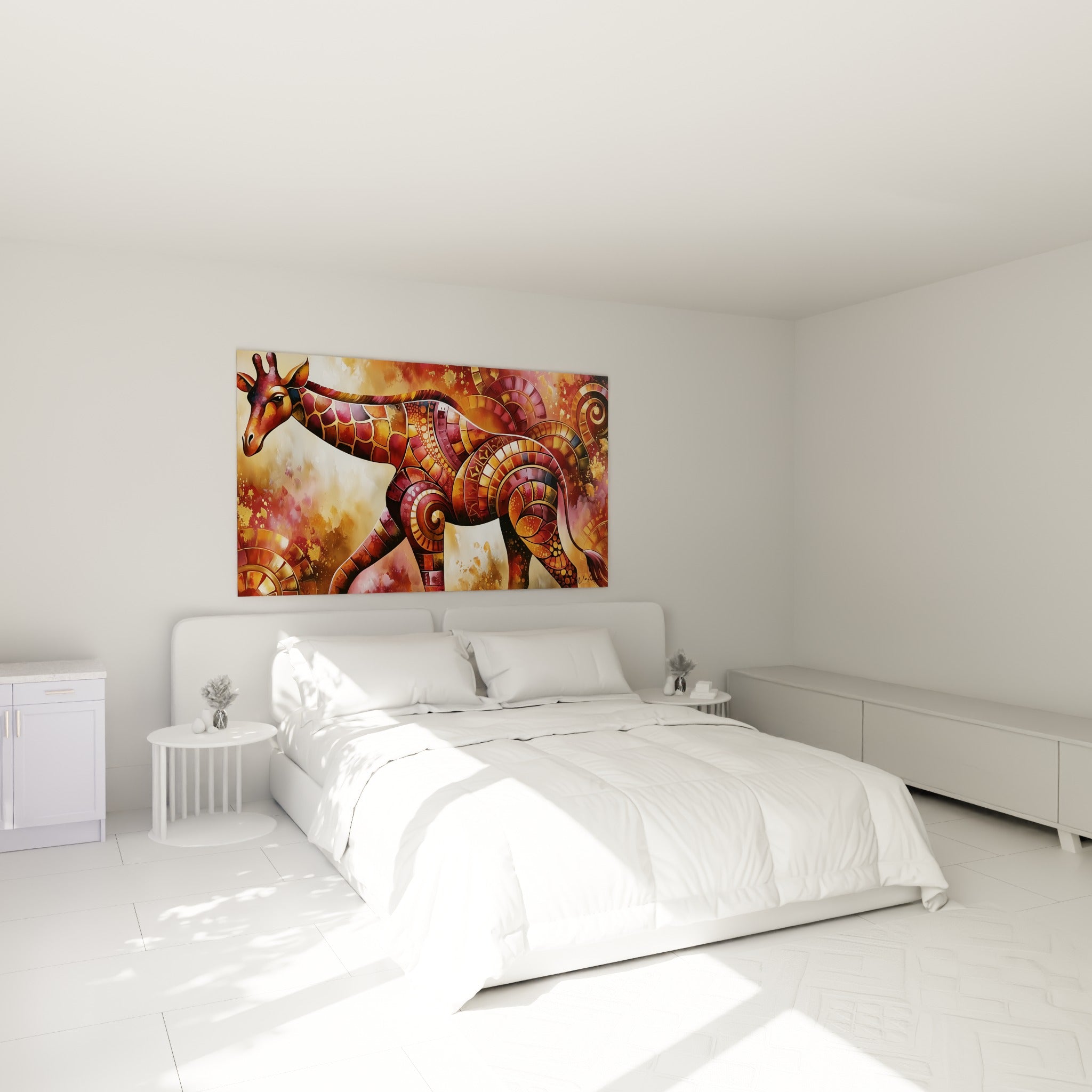 Motifs dorés et bordeaux ornent cette girafe majestueuse au-dessus d'un lit dans une chambre claire