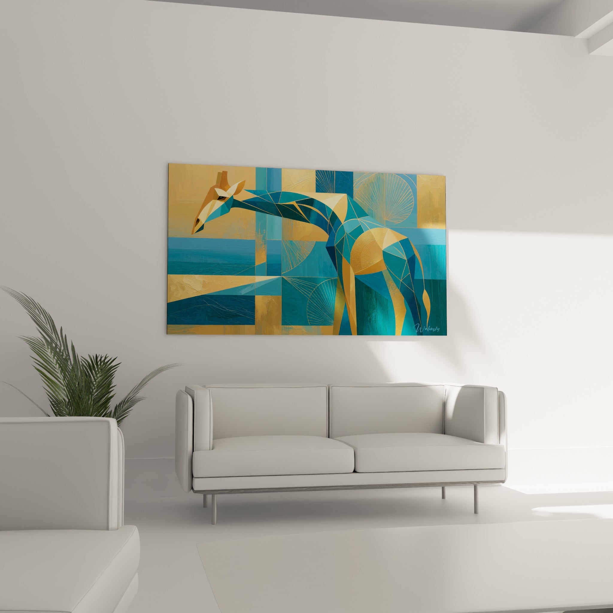 Girafe stylisée aux tons turquoise et ambrés, composition graphique, au-dessus d'un canapé dans un salon lumineux