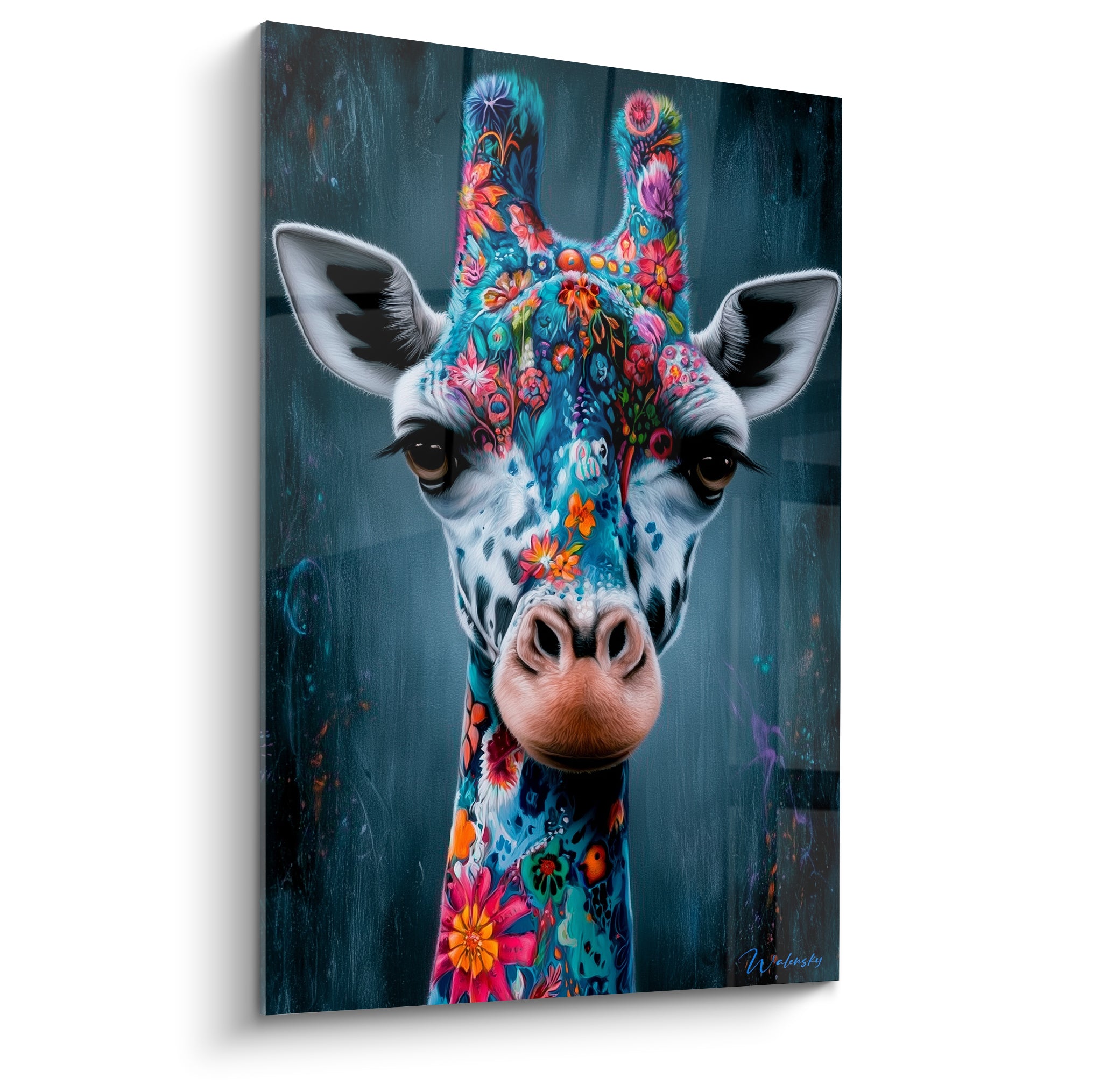 Girafe au pelage floral rose et orange sur fond bleu anthracite texturé et sombre