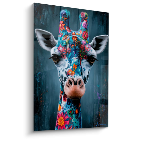 Tableau Girafe turquoise aux motifs floraux - Éveil floral - Edition Girafe
