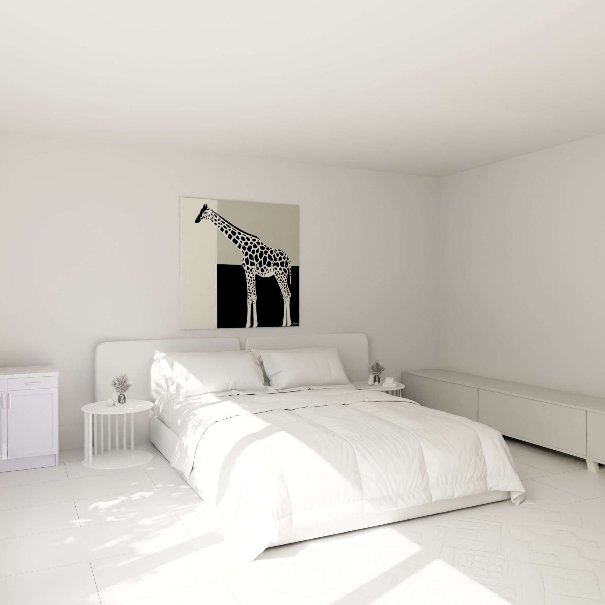Girafe stylisée noir et ivoire accrochée au-dessus d'un lit dans une chambre claire et lumineuse