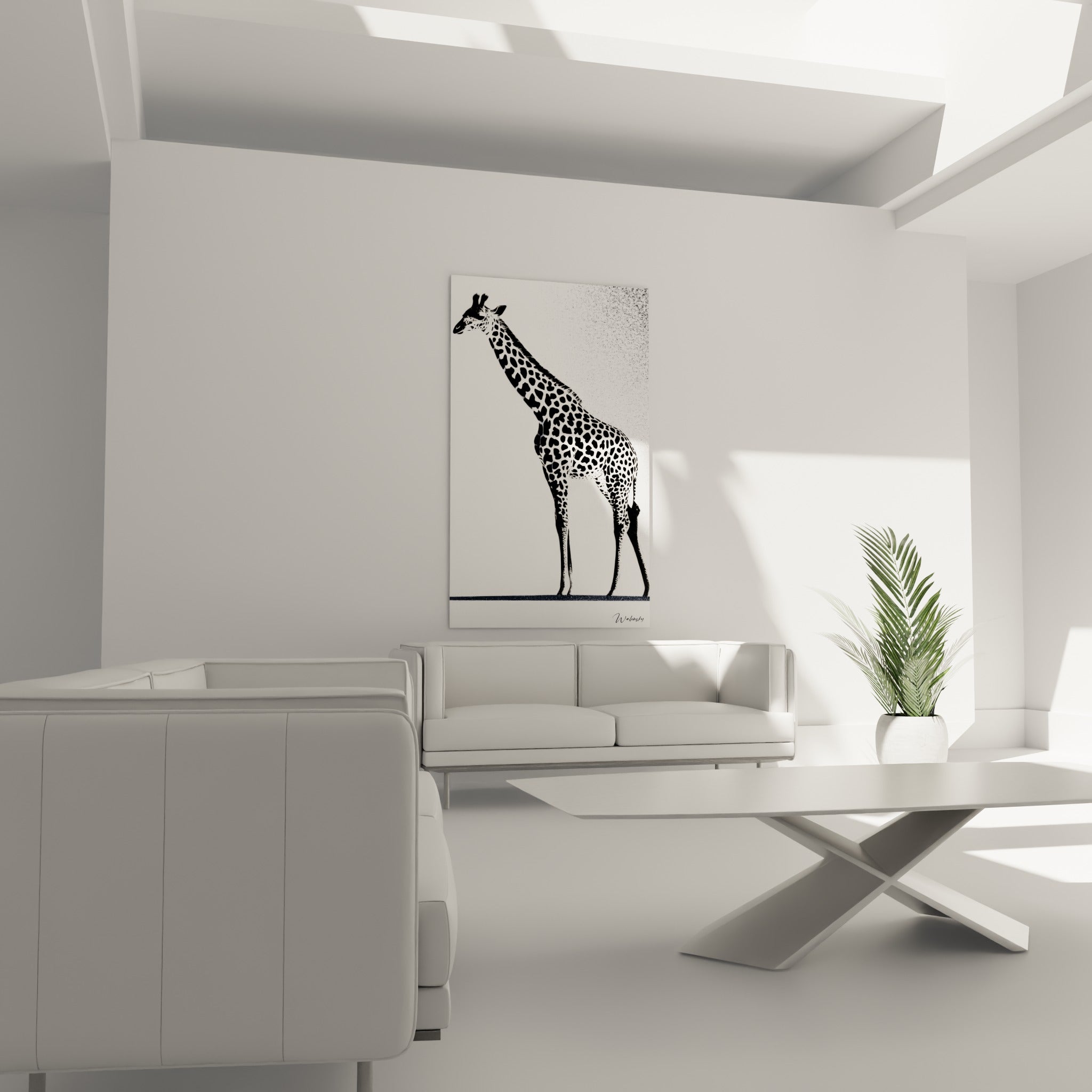 Animal graphique aux motifs noirs contrastés sur fond blanc, au-dessus d'un canapé dans un salon lumineux
