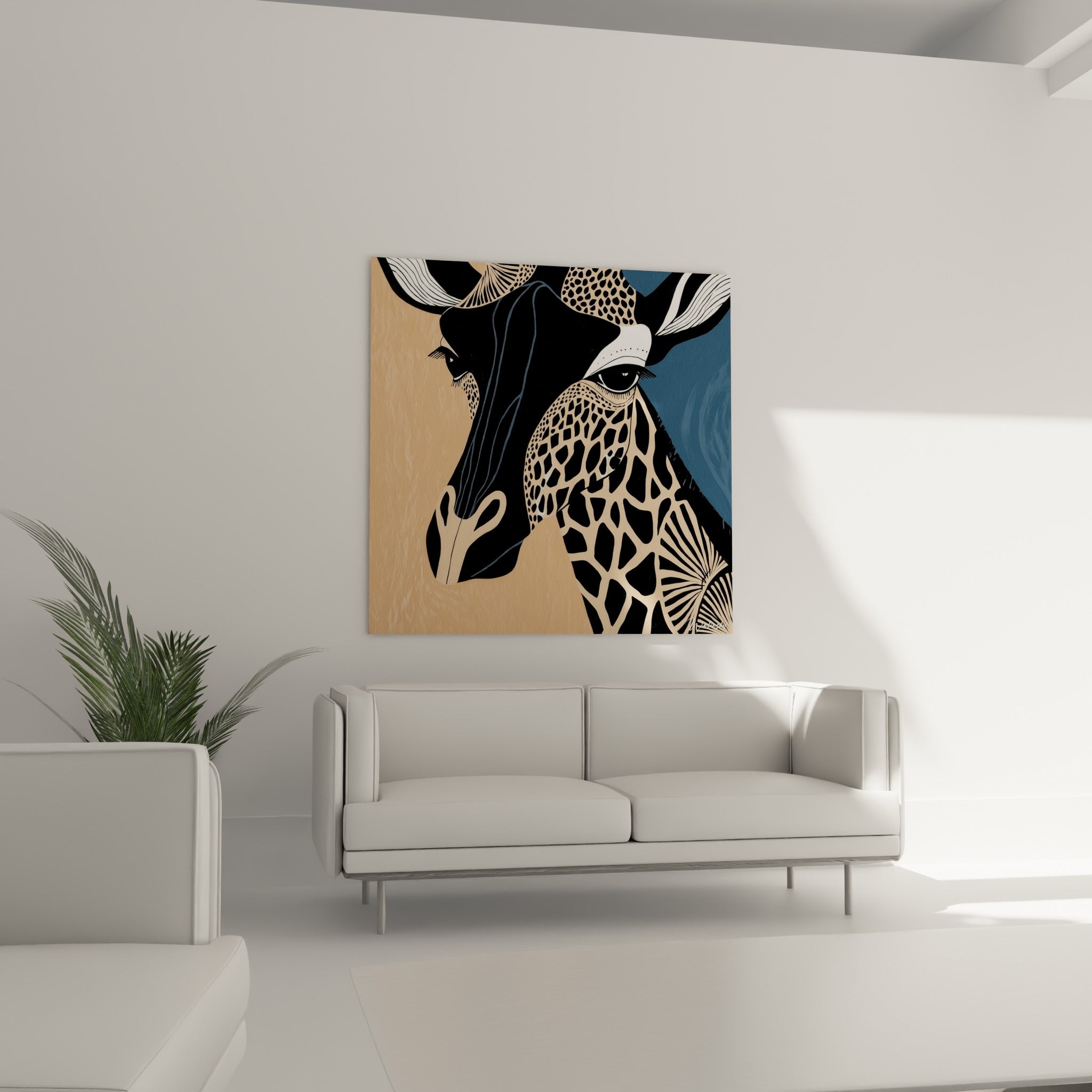 Motifs graphiques de girafe beige et noir accrochés au-dessus d'un canapé dans un salon lumineux