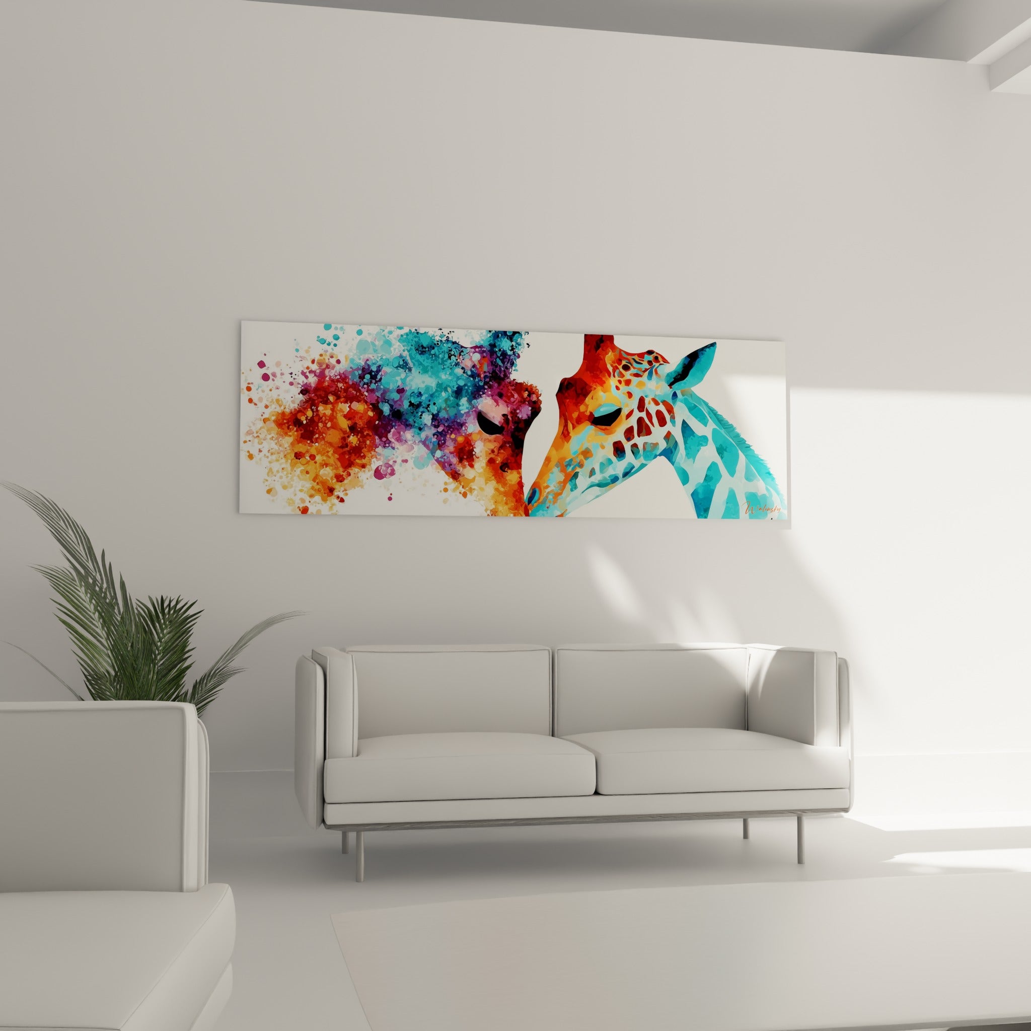 Motifs orangés fauves fusionnant avec le turquoise de la girafe, au-dessus d'un canapé dans un salon lumineux