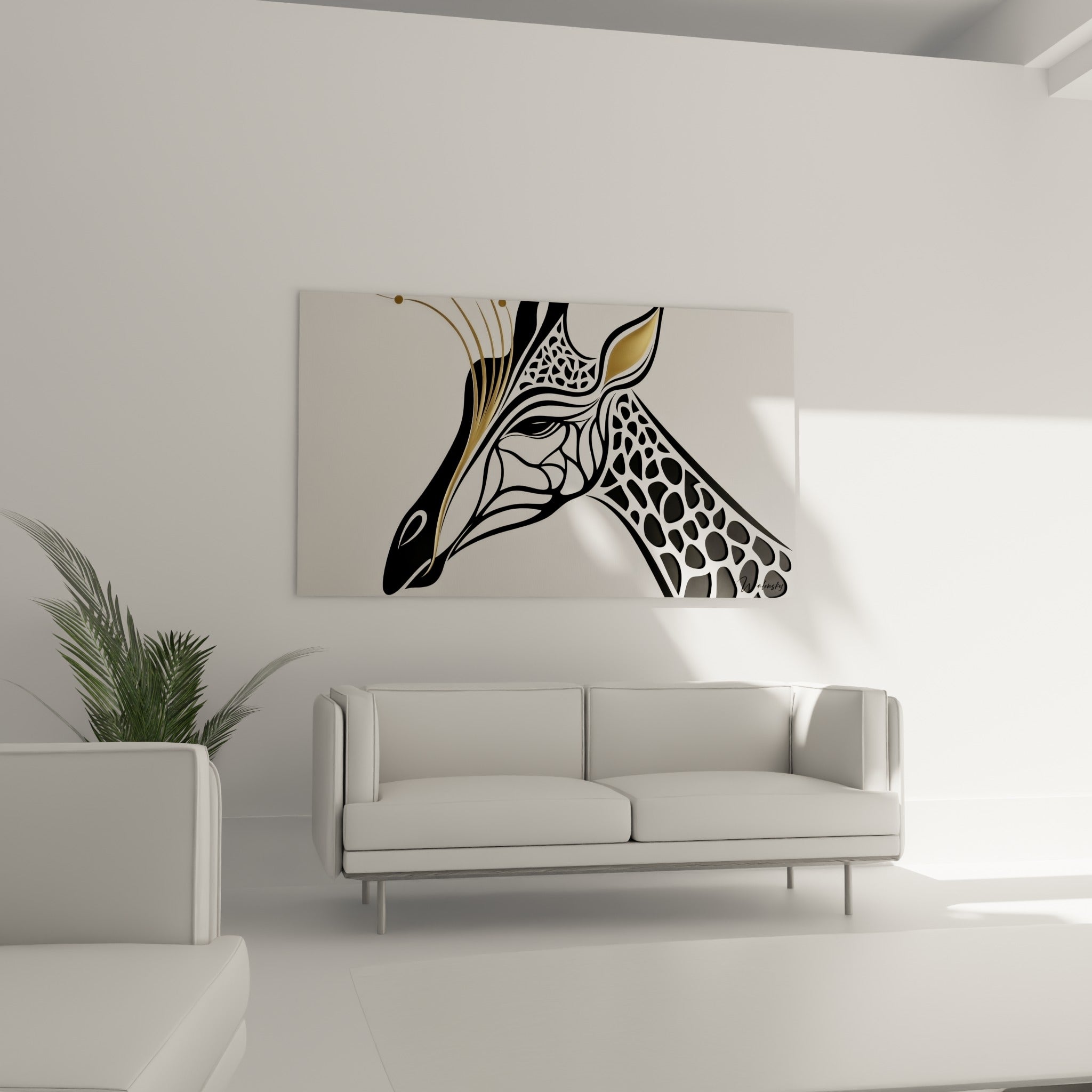 Tête de girafe stylisée en noir et blanc avec touches dorées, au-dessus d'un canapé dans un salon lumineux