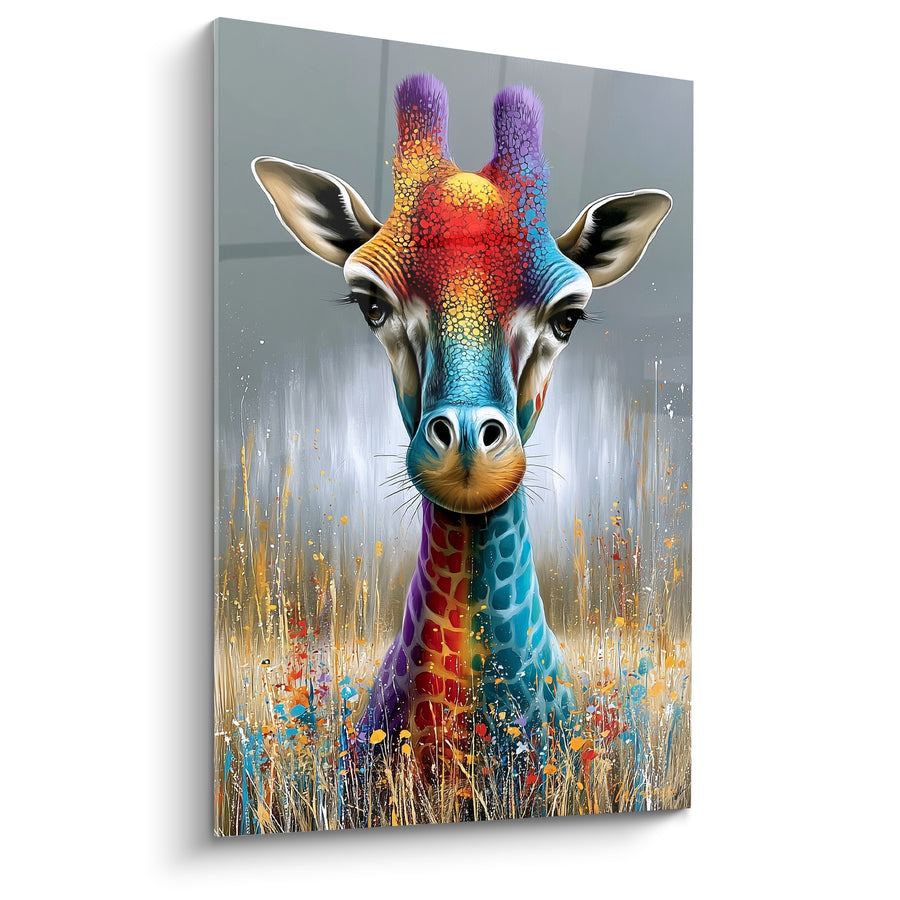Tableau Girafe multicolore aux herbes dorées - Vision arc-en-ciel - Edition Girafe