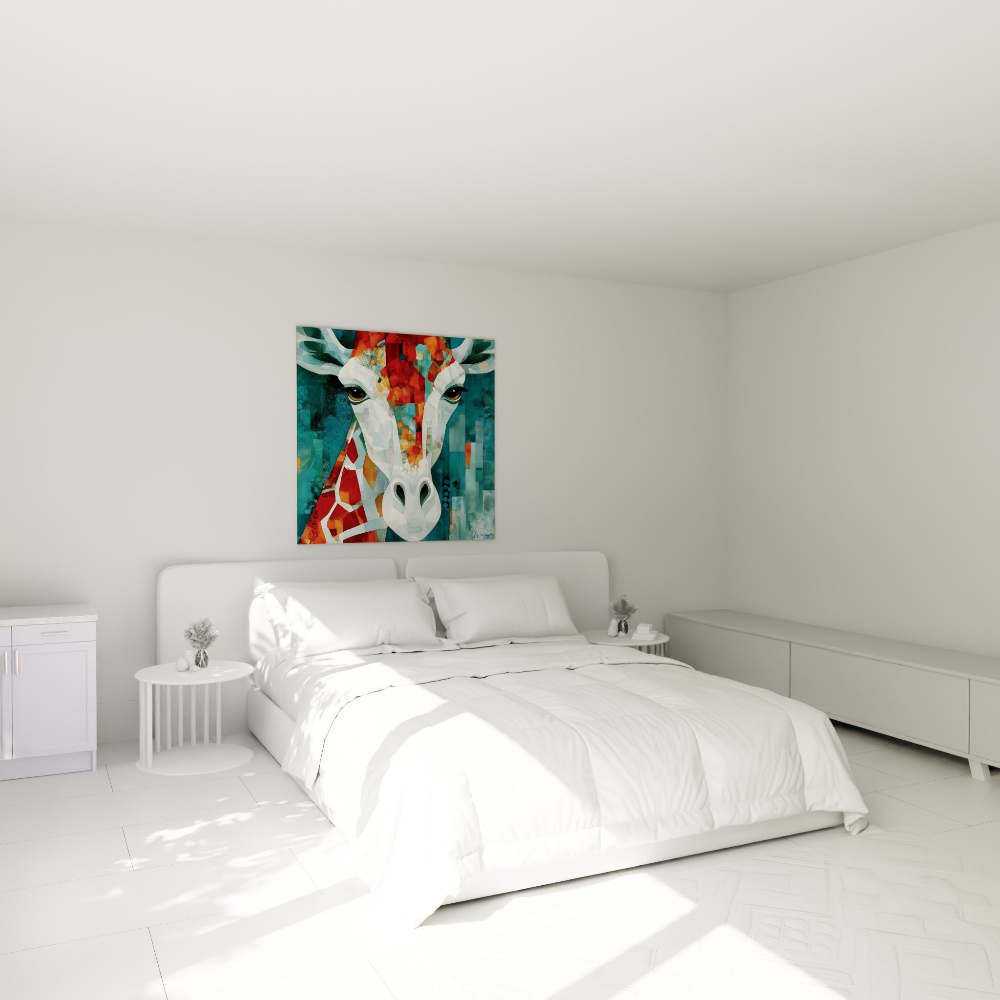 Museau blanc et cornes de girafe se détachant sur fond bleu sarcelle, accroché au-dessus d'un lit dans une chambre claire
