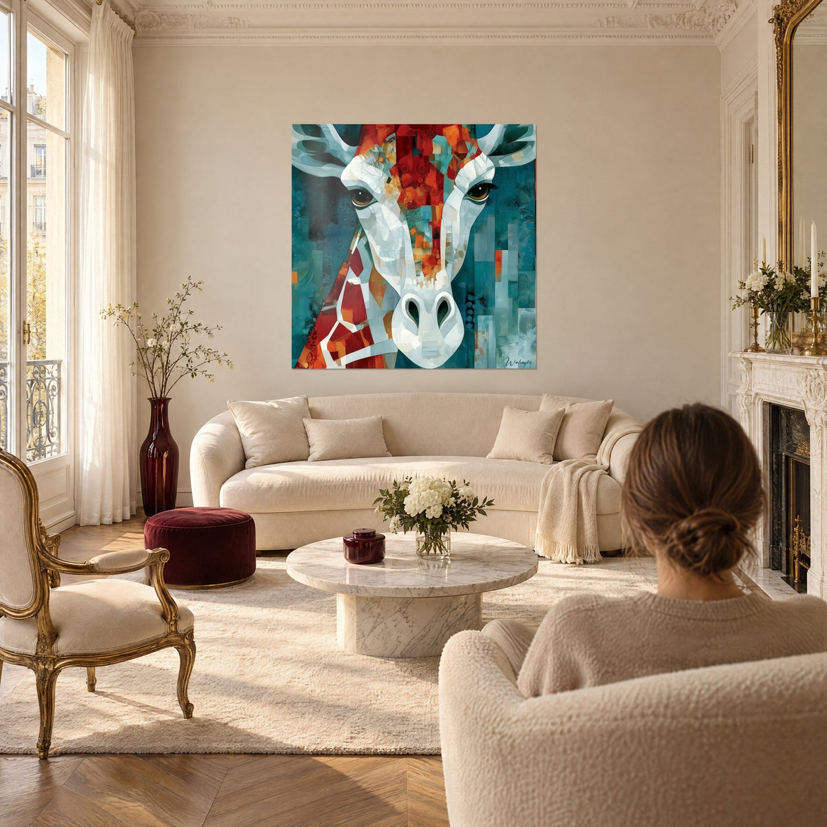 Quadro giraffa bianca dallo sguardo frammentato, mosaico rosso e blu petrolio, donna di spalle, sopra un divano in un soggiorno luminoso