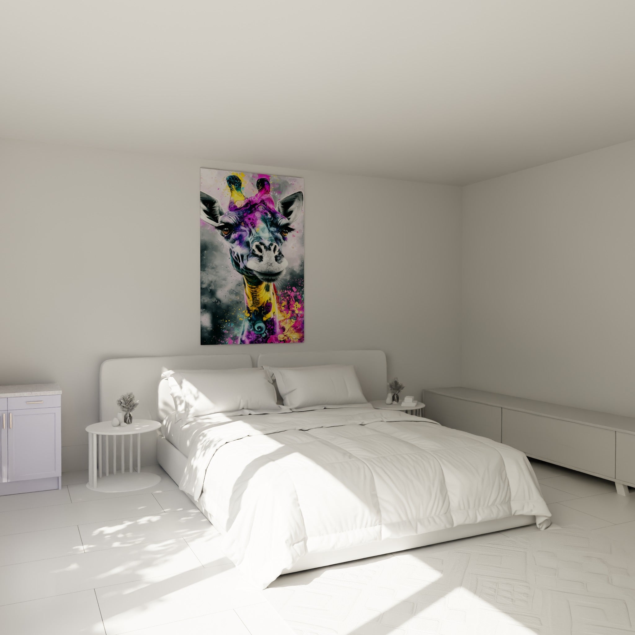 Museau noir et blanc, cou jaune vif et violet profond de la girafe au-dessus d'un lit dans une chambre claire
