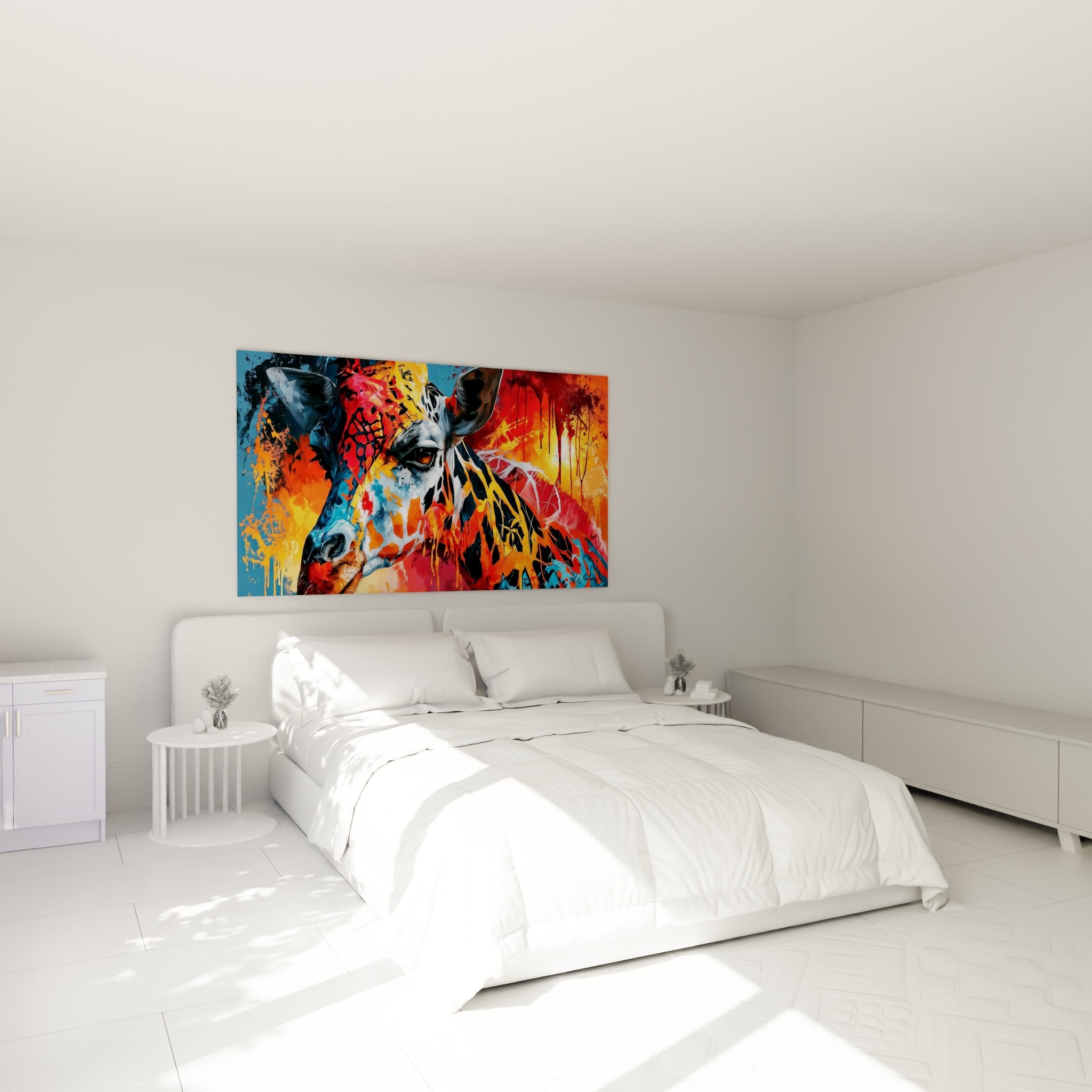 Museau de girafe traversé de flammes oranges et de bleu profond, accroché au-dessus d'un lit dans une chambre claire